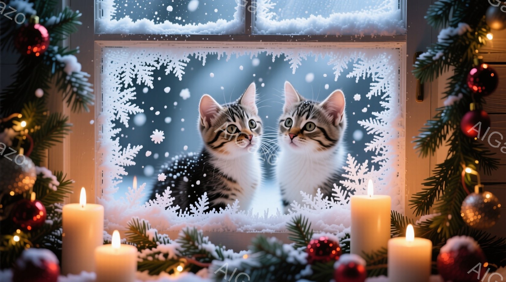雪が降る窓辺に、縞模様の二匹の子猫が寄り添って座っています。子猫たちは大きな瞳でカメラを見つめ、好奇心と少しの警戒心を浮かべています。背景にはクリスマスツリーの飾りや点灯したキャンドルが配置され、暖かく穏やかな冬の雰囲気が漂っています。