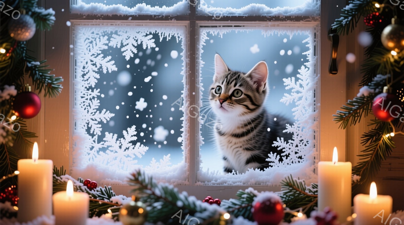 白い窓枠に雪の模様が描かれ、その中に可愛らしい灰色の縞模様の猫がいます。猫は窓の外を見つめ、興味津々な表情をしています。背景には雪景色が広がり、前景にはクリスマスツリーの飾りと輝くキャンドルが配置され、暖かく幻想的な雰囲気を醸し出しています。