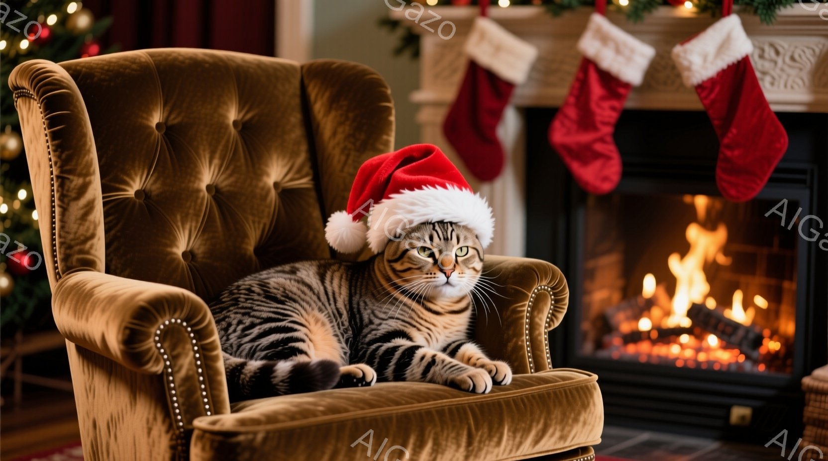 縞模様の猫が、クリスマスツリーと暖炉のある部屋の豪華なアームチェアに座っており、頭にはサンタの帽子をかぶっています。猫はリラックスした表情で、前足は軽く組み、まるで王様のように落ち着き払っています。背 - AI生成フリー素材
