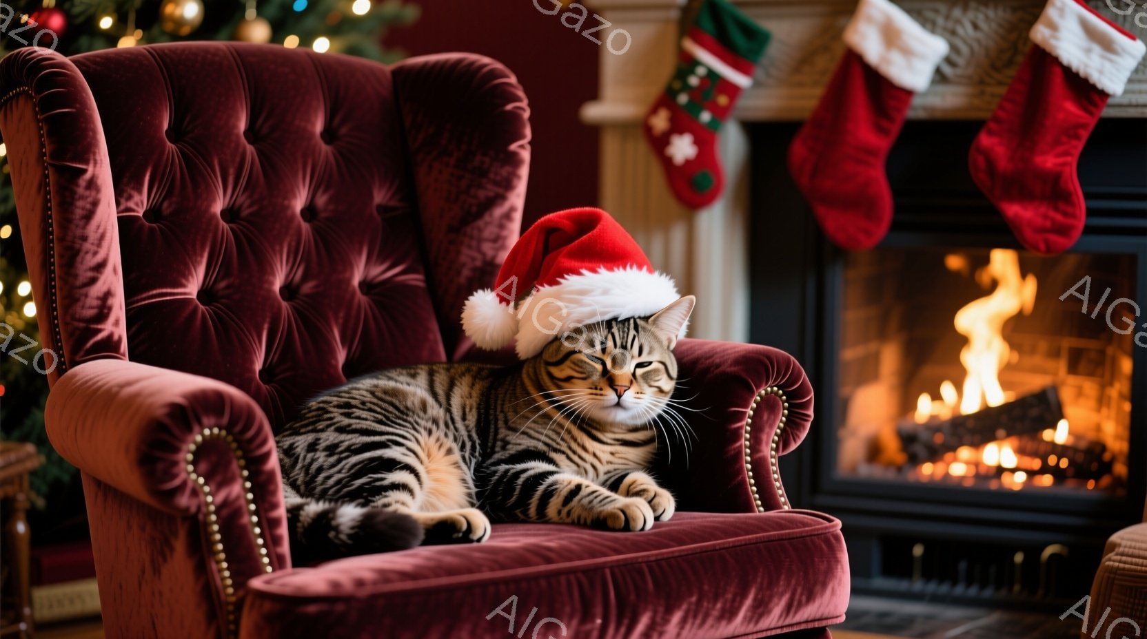 縞模様の猫が、クリスマスの赤い帽子を被り、深い赤色のベルベットの肘掛け椅子にゆったりと横たわっている。背景には暖炉があり、炎が燃え盛り、クリスマスの靴下が暖炉のそばに飾られている。全体的に、暖かく、居 - AI生成フリー素材