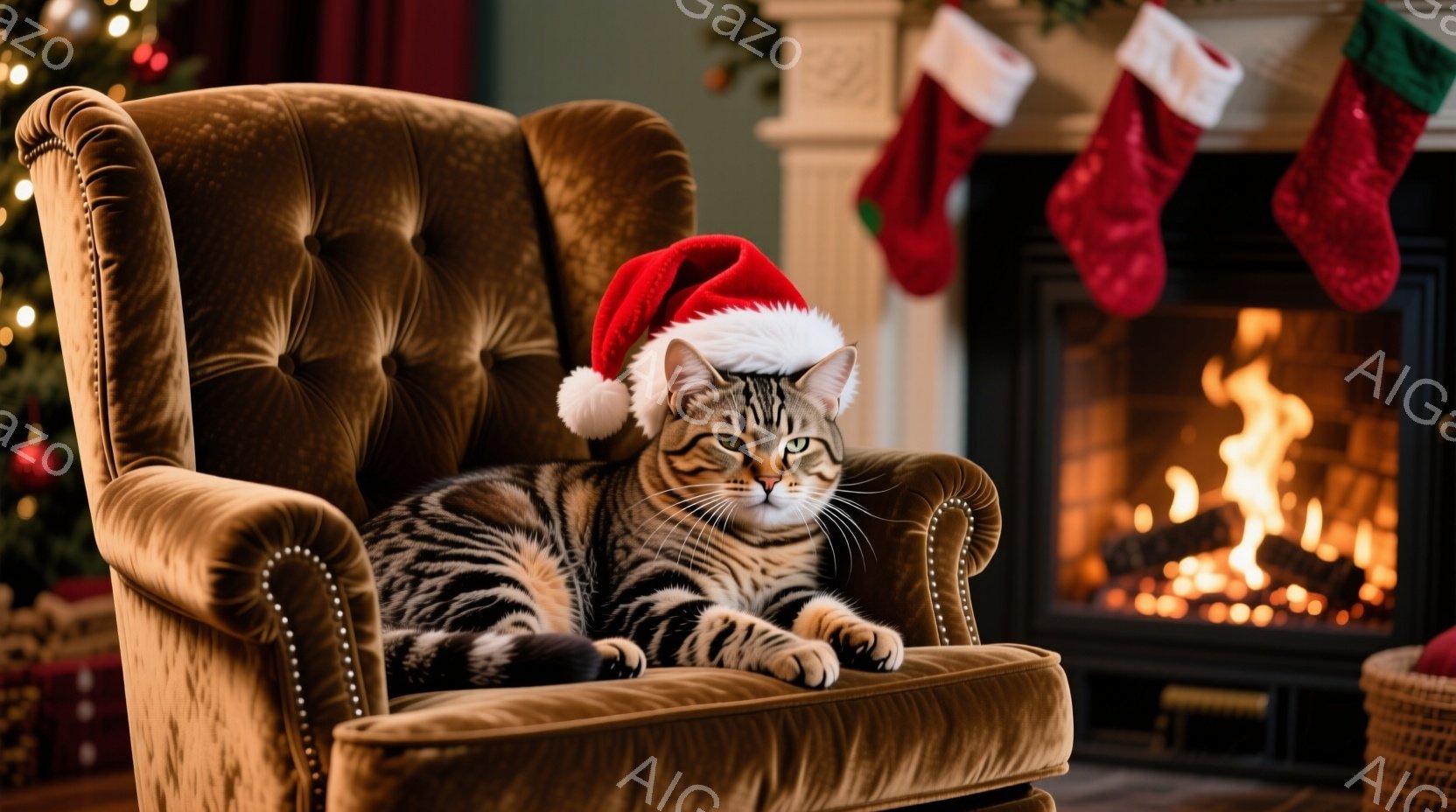 縞模様の猫が、クリスマスのサンタ帽子をかぶり、豪華なベルベット調のアームチェアにゆったりと座っています。背景には暖炉の火が燃え盛り、クリスマスツリーの光がちらつき、赤いクリスマスストッキングが暖炉の上に飾られています。暖かく居心地の良い、クリスマスの雰囲気を感じさせる写真です。