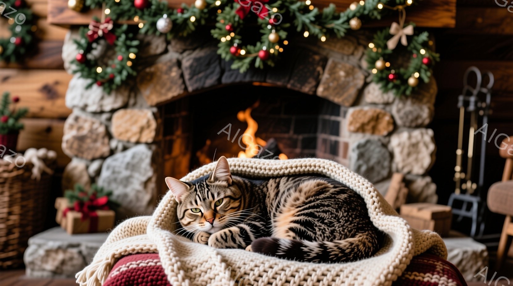 縞模様の猫が赤いクッションの上に白い編み物のブランケットにくるまって横たわっています。背景には、クリスマスガーランドと暖炉があり、温かい光が猫を照らしています。全体的に、暖かく居心地の良い、クリスマス - AI生成フリー素材