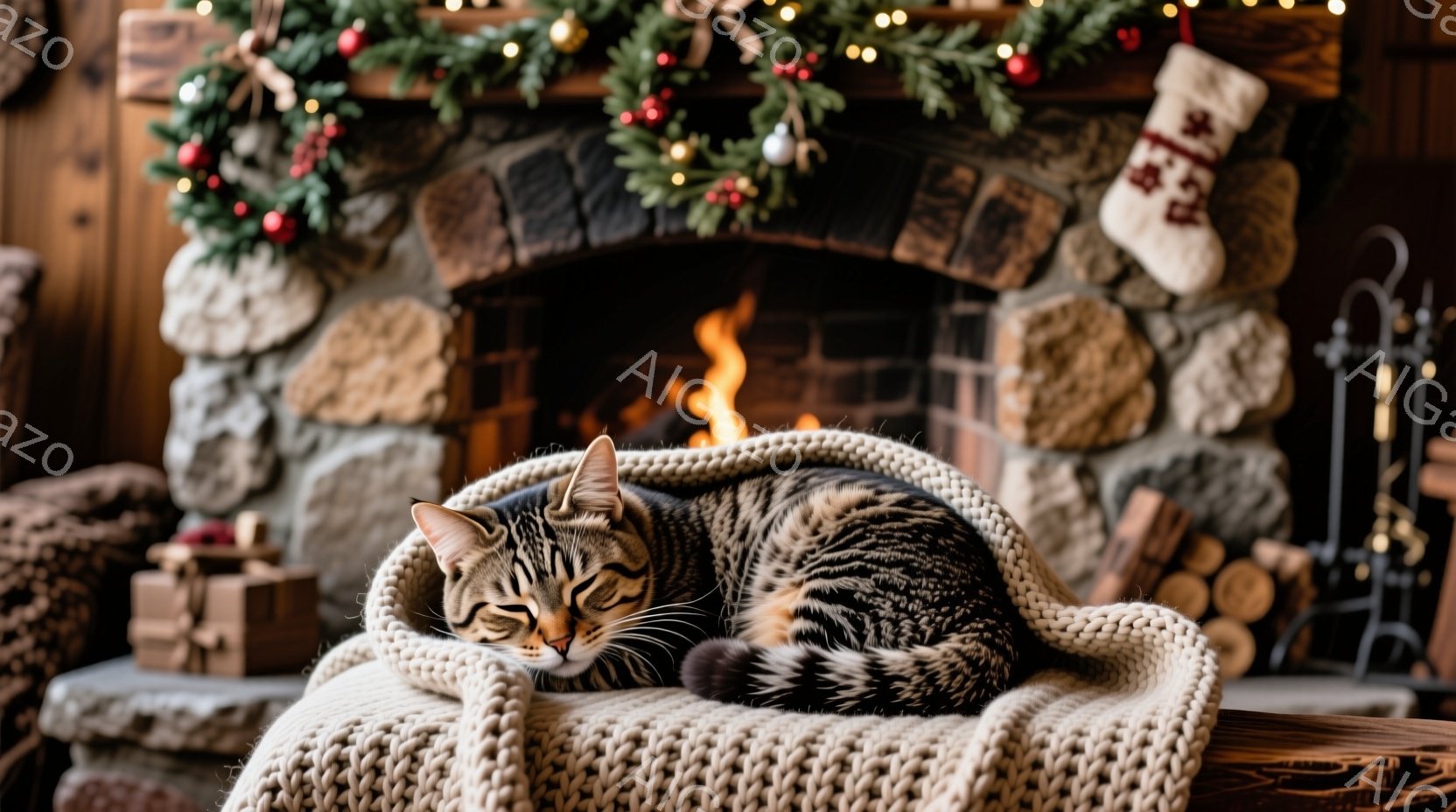 縞模様の猫が、クリーム色のざっくりとした編み物のブランケットに丸まって眠っている。背景には石造りの暖炉があり、オレンジ色の炎が暖かく灯り、クリスマスツリーの飾りやプレゼントボックスが暖炉の周りに置かれ - AI生成フリー素材