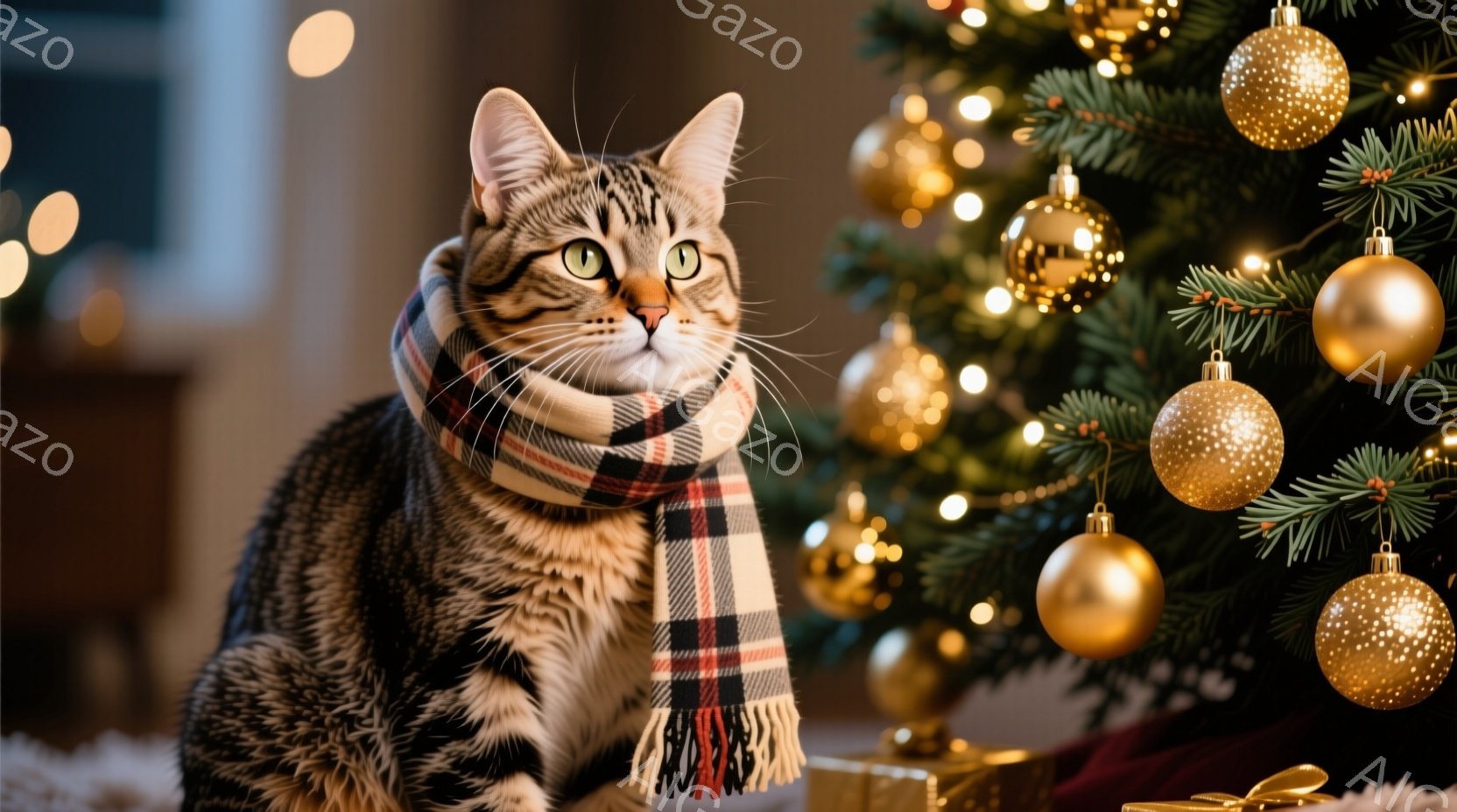 茶トラ猫が、赤と白のチェック柄の暖かいマフラーを巻いています。猫は正面を見て、少し眠たげで穏やかな表情をしています。背景にはクリスマスツリーが飾られ、ぼやけた光が暖かく、落ち着いた雰囲気を醸し出してい - AI生成フリー素材