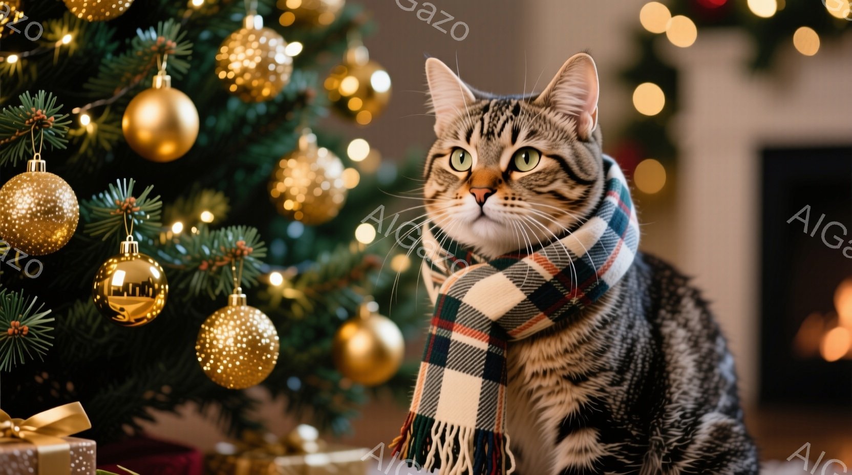 縞模様の猫が、白いチェック柄のマフラーを巻いて座っています。背景にはクリスマスツリーが飾られ、金色のオーナメントが輝き、プレゼント箱も置かれています。全体的に暖かく、お祝いムードにあふれた雰囲気です。