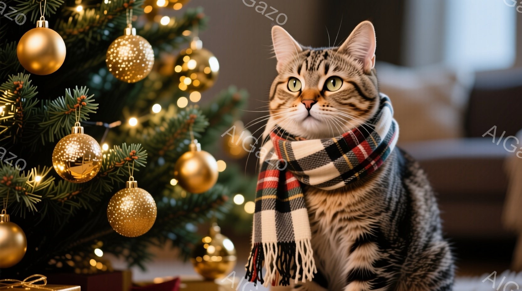 縞模様の猫が、赤いチェック柄のショールを首に巻いて座っています。背景には、金色のオーナメントで飾られたクリスマスツリーがあり、暖かくお祝いの雰囲気を醸し出しています。猫は前方をじっと見つめ、穏やかでリラックスした表情をしています。
