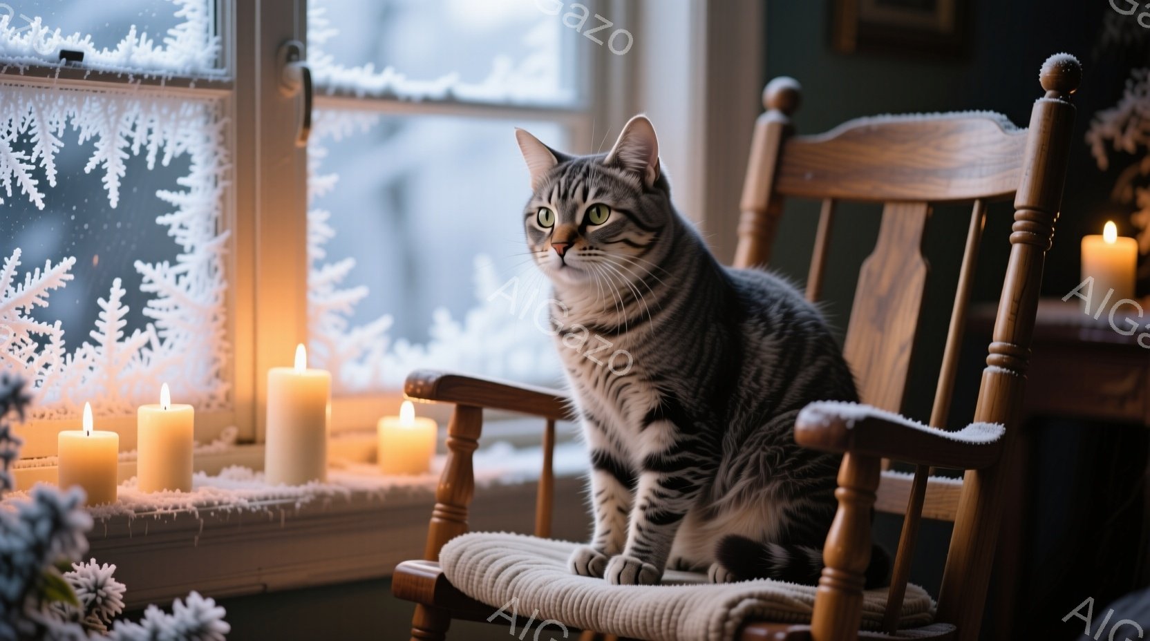 籐編みのバスケットの中に、縞模様の猫が丸まって眠っています。周りには赤いリボン、クリスマスオーナメント、そして葉と実の飾りが配置され、クリスマスの雰囲気が漂っています。背景はぼかされており、温かく、居 - AI生成フリー素材