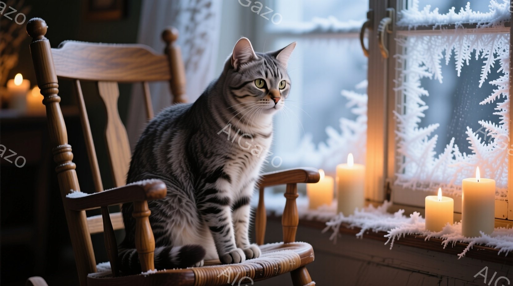 縞模様の猫が、雪の結晶で飾られた窓辺の揺り椅子に座ってこちらを見ている。周囲には灯されたキャンドルが並び、暖かく穏やかな冬の雰囲気を醸し出している。背景はぼやけており、雪景色がうかがえる。 - AI生成フリー素材
