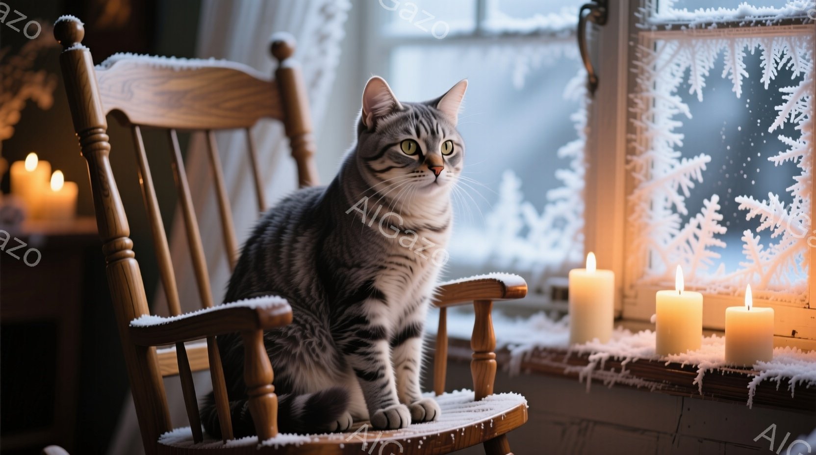 縞模様の猫が、雪で覆われた窓際のロッキングチェアに座っています。暖かくオレンジ色のキャンドルの光が室内を照らし、冬の穏やかな雰囲気を醸し出しています。背景には雪の結晶が描かれた窓があり、静かで落ち着い - AI生成フリー素材