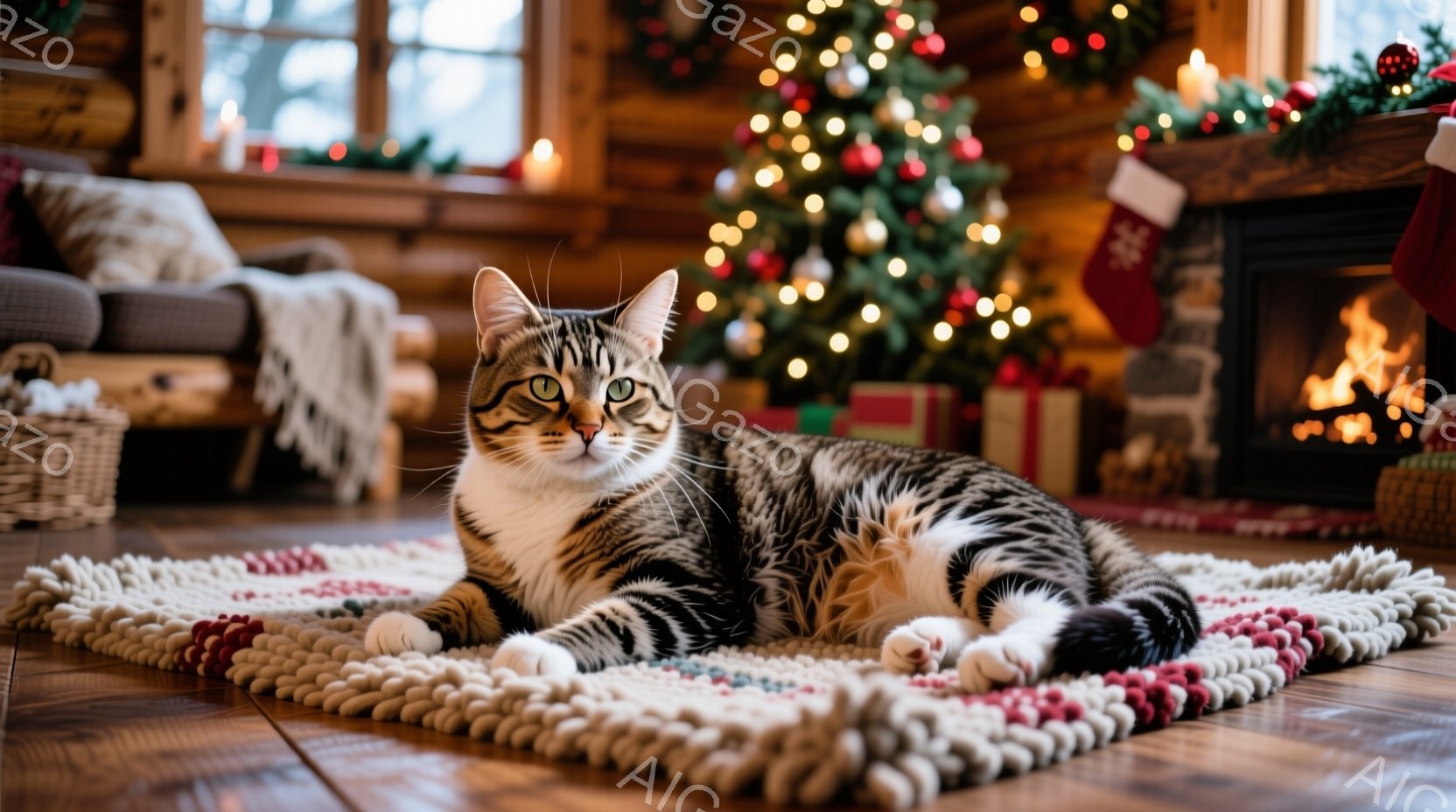 明るいリビングルームの床に、縞模様の猫がリラックスして横たわっています。猫は白とグレーの毛並みで、緑色の目をしています。背景にはクリスマスツリーや暖炉が見え、部屋全体が温かく、居心地の良い雰囲気を醸し - AI生成フリー素材