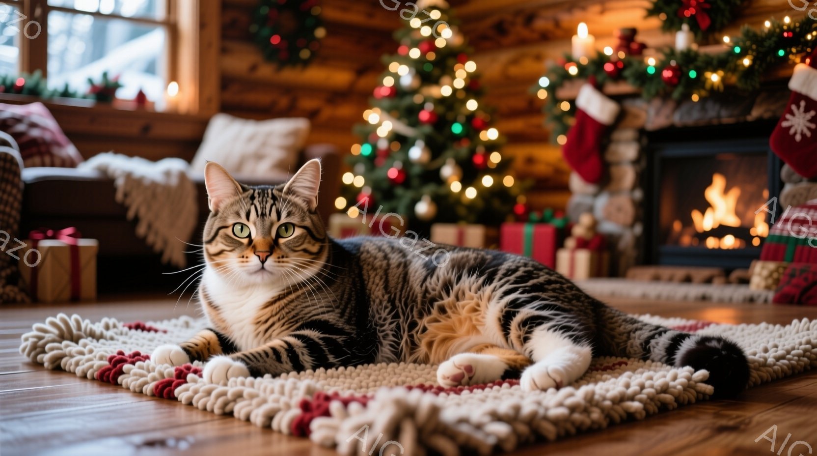 縞模様の猫が、暖炉の前にある手編みの敷物の上で横たわっています。背景には、クリスマスツリーやプレゼント、そして暖炉の炎が見え、部屋全体が温かく、心地よい雰囲気に包まれています。猫はリラックスした表情で - AI生成フリー素材