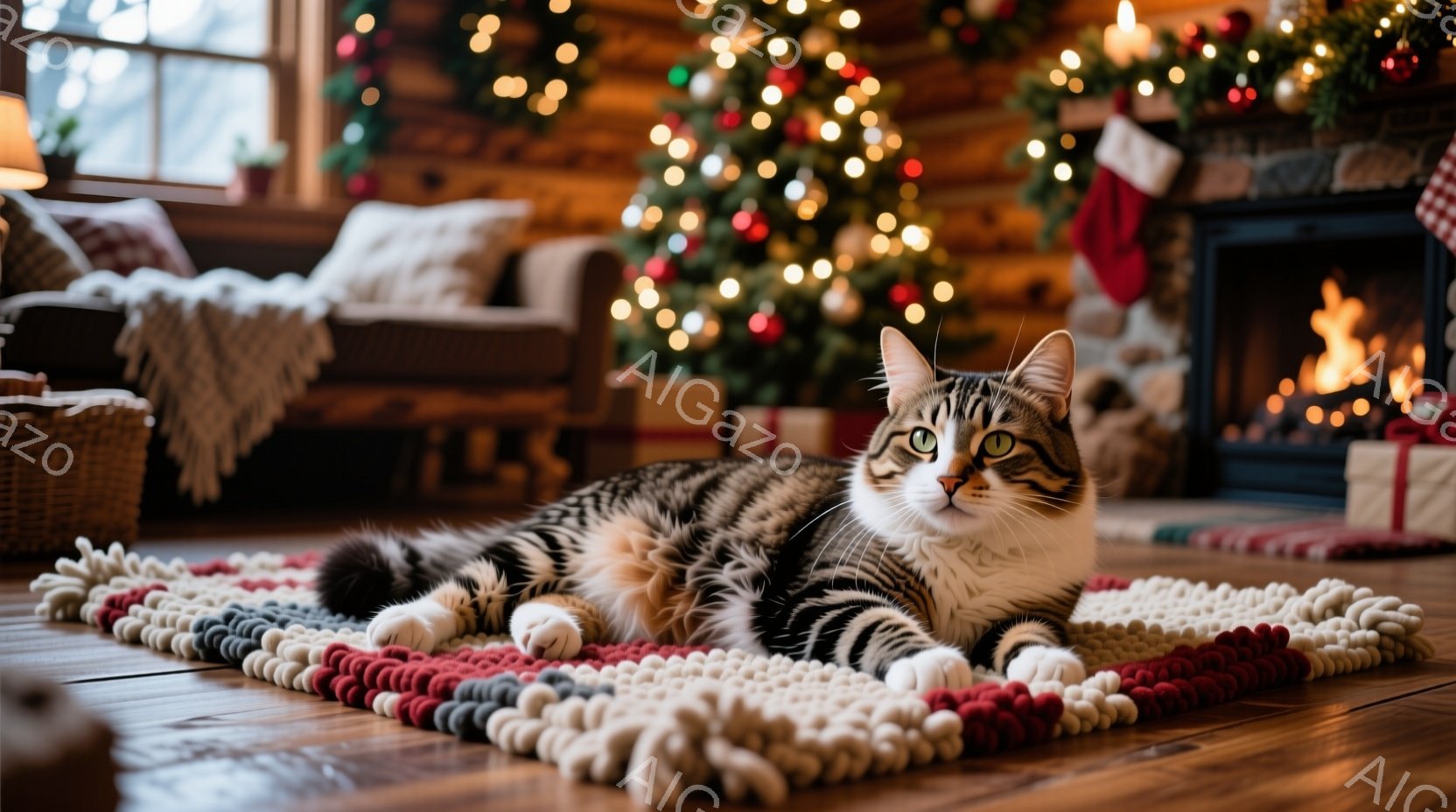 茶色と黒の縞模様の猫が、手作りのように見えるカラフルなラグの上に横たわっています。背景には、クリスマスツリーや暖炉が見え、プレゼントがいくつか置かれており、部屋全体が暖かく、お祝いの雰囲気に包まれてい - AI生成フリー素材