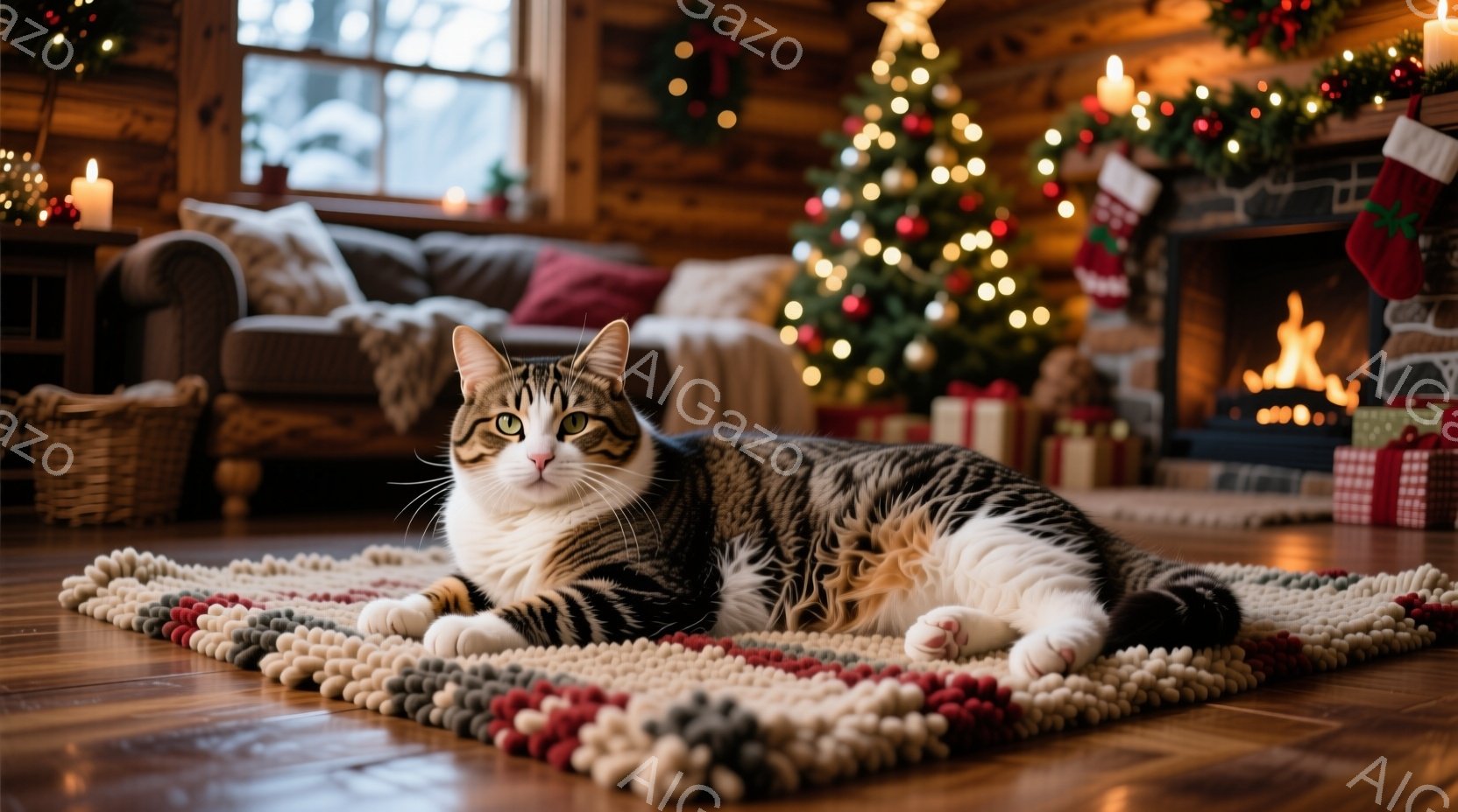 白と茶色の縞模様の猫が、手編み風のカラフルなラグの上にうつ伏せでリラックスして眠っています。背景には、クリスマスツリーが飾られた暖炉、プレゼント、そして居心地の良いソファが見え、暖かく、お祝いの雰囲気 - AI生成フリー素材