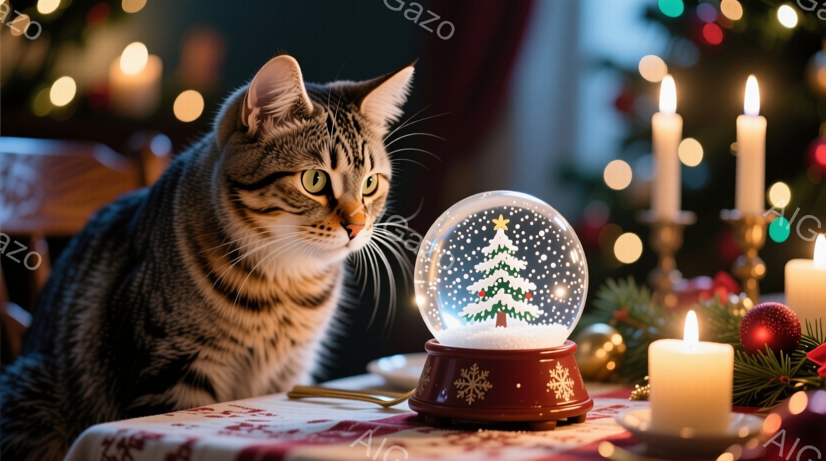 茶色の縞模様の猫が、テーブルの上に置かれた雪の結晶が舞うクリスマスのオーナメントを見つめている。テーブルの上にはキャンドルやクリスマスの飾りがあり、ぼやけた背景にはクリスマスツリーが写っている。暖かく - AI生成フリー素材