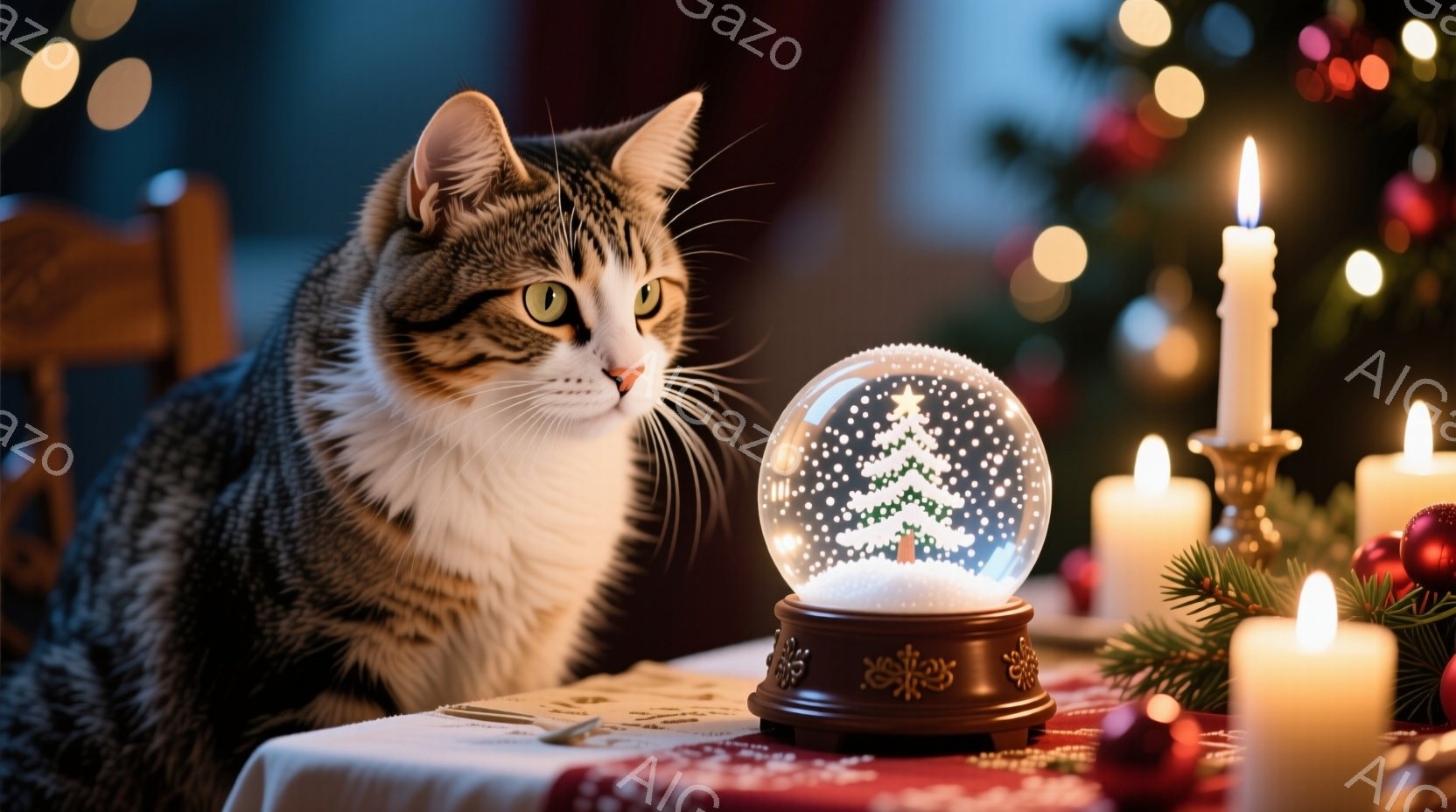白と茶色の縞模様の猫が、雪の結晶が舞うクリスマスの飾り付きのガラス玉をじっと見つめている。テーブルには白いテーブルクロスが敷かれ、点灯されたキャンドルと赤い実が添えられた冬の緑が置かれている。背景はぼ - AI生成フリー素材