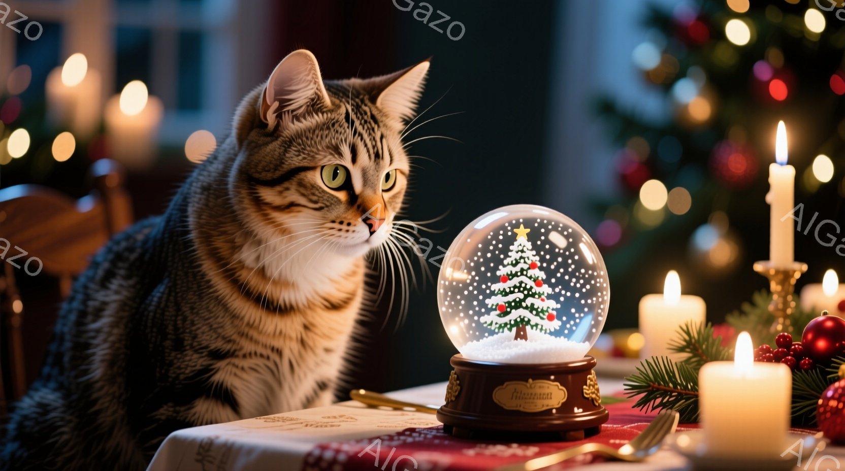 縞模様の猫が雪の結晶が舞うクリスマスのオーナメント（スノーグローブ）をじっと見つめている。暖炉の光と複数のキャンドルが柔らかい光を投げかけ、テーブルクロスやクリスマスツリーの飾りと共に、温かく幻想的な - AI生成フリー素材