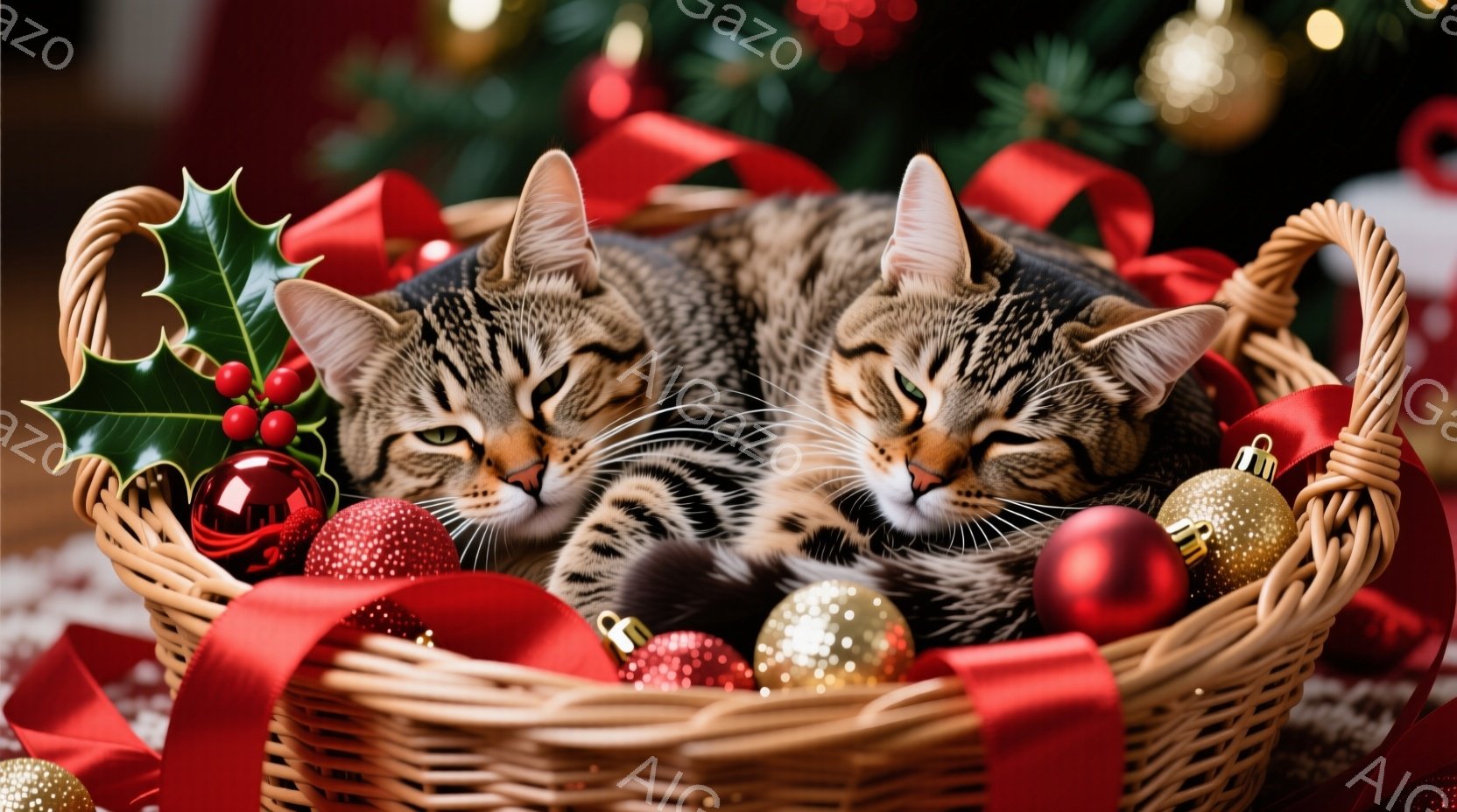 籠の中に二匹の縞模様の猫が寄り添って眠っています。籠の周りには赤いリボンとクリスマスオーナメントが散りばめられており、背景にはぼやけたクリスマスツリーが見えます。全体的に暖かく、穏やかで、クリスマスの - AI生成フリー素材