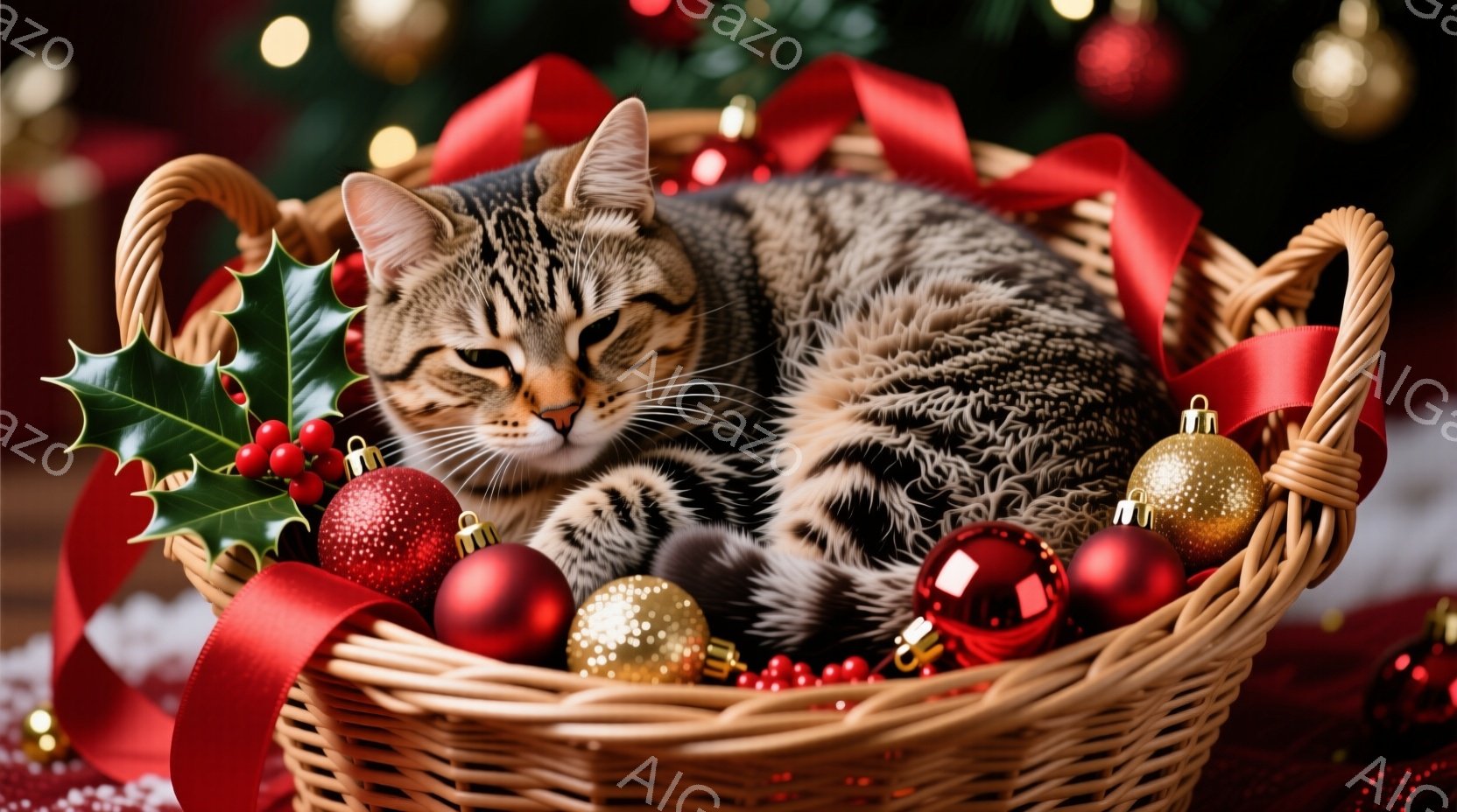 茶色と黒の縞模様の猫が、赤いリボンとクリスマスオーナメントで飾られたバスケットの中で丸まって眠っています。背景にはぼやけたクリスマスツリーの光がちらつき、お祝いの雰囲気を醸し出しています。全体的に、暖 - AI生成フリー素材