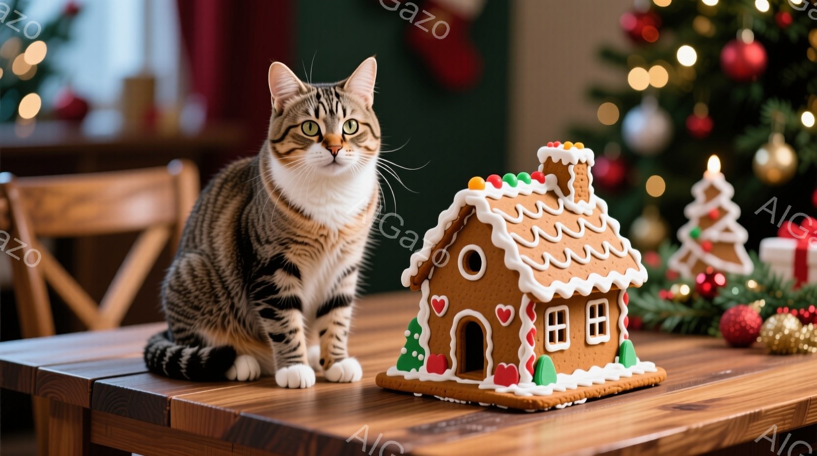 縞模様の猫が木のテーブルの上に座っており、その隣にはジンジャーブレッドハウスが置かれています。猫は落ち着いた表情で正面を見つめ、背景にはクリスマスツリーと装飾がぼやけて見えます。暖色系の照明と装飾が、 - AI生成フリー素材