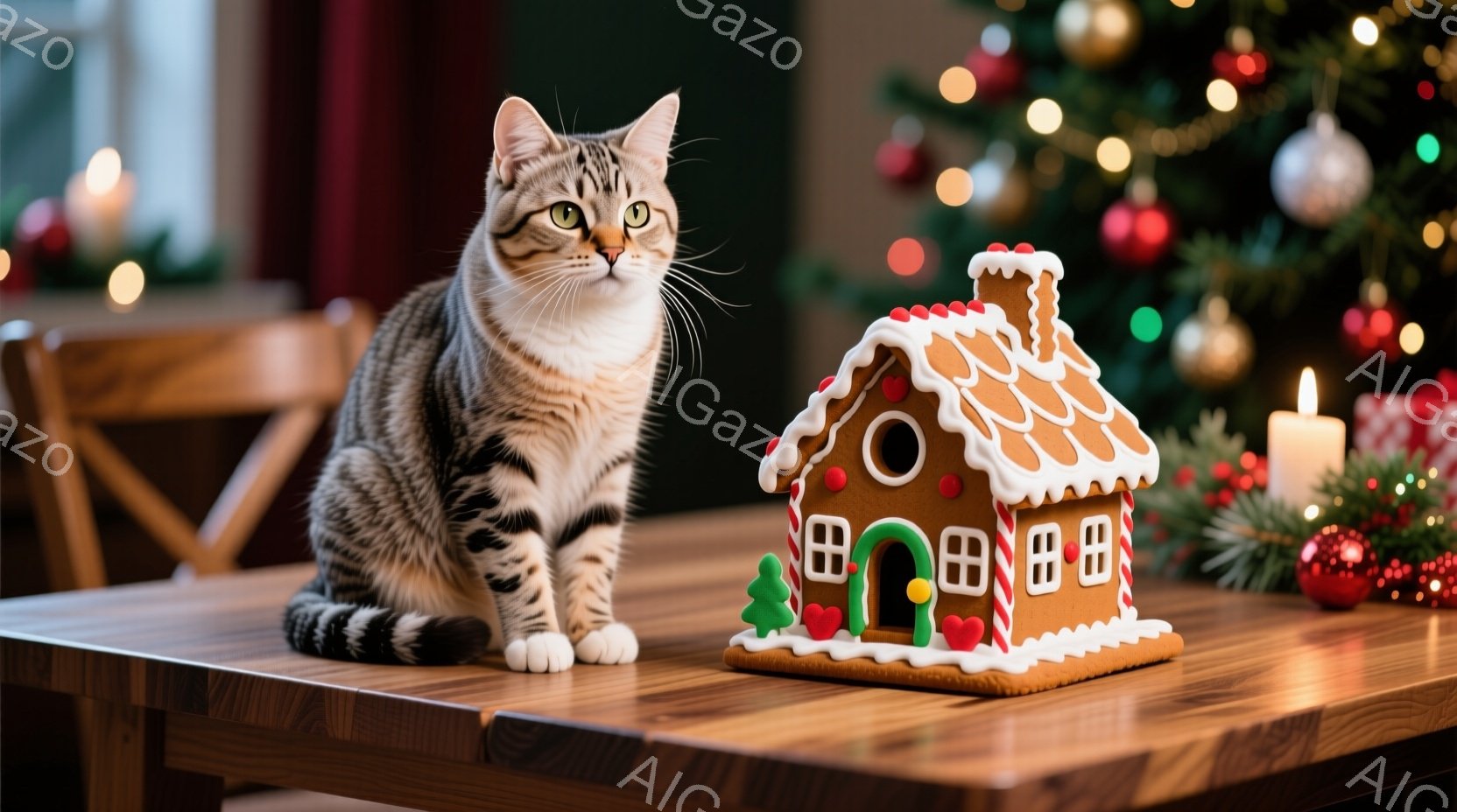 縞模様の猫が木のテーブルの上に座り、正面を見つめています。テーブルの上には、アイシングで飾られたジンジャーブレッドハウスが置かれており、背景にはぼやけたクリスマスツリーと装飾が見えます。全体的に暖かく - AI生成フリー素材