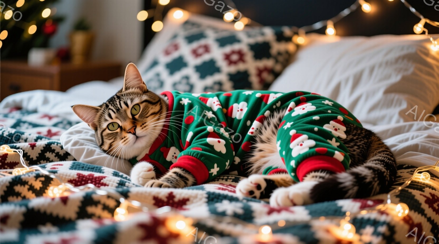 縞模様の猫が、赤いリボンをつけて手すりに座っており、自信に満ちた表情で遠くを見つめています。背景には、雪に覆われた広場と、クリスマスツリーが飾られた建物群が広がり、冬の暖かい雰囲気を醸し出しています。雪がちらつき、穏やかで幻想的な光景です。