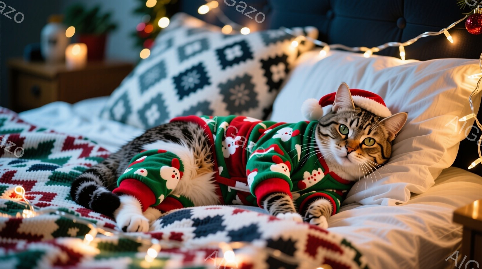 白と黒の縞模様の猫が、クリスマスの模様が入った緑と赤のセーターを着て、ベッドの上で横たわっています。猫は目を細めてリラックスした表情を浮かべ、小さなサンタの帽子を被っています。背景にはぼやけた電飾と枕 - AI生成フリー素材