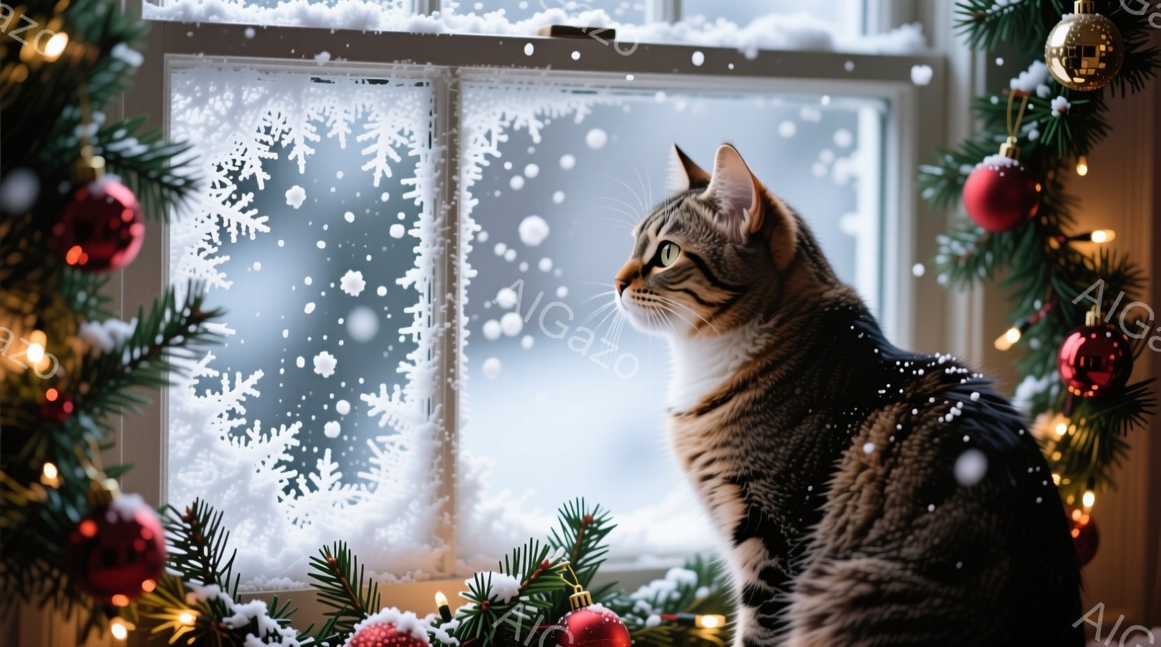 窓辺に縞模様の猫が座り、外の雪景色を眺めている。背景にはクリスマスの飾り付けが施された窓枠と、キラキラと光る電飾、赤いオーナメントが散りばめられ、暖かく幻想的な雰囲気を醸し出している。猫の表情は穏やか - AI生成フリー素材