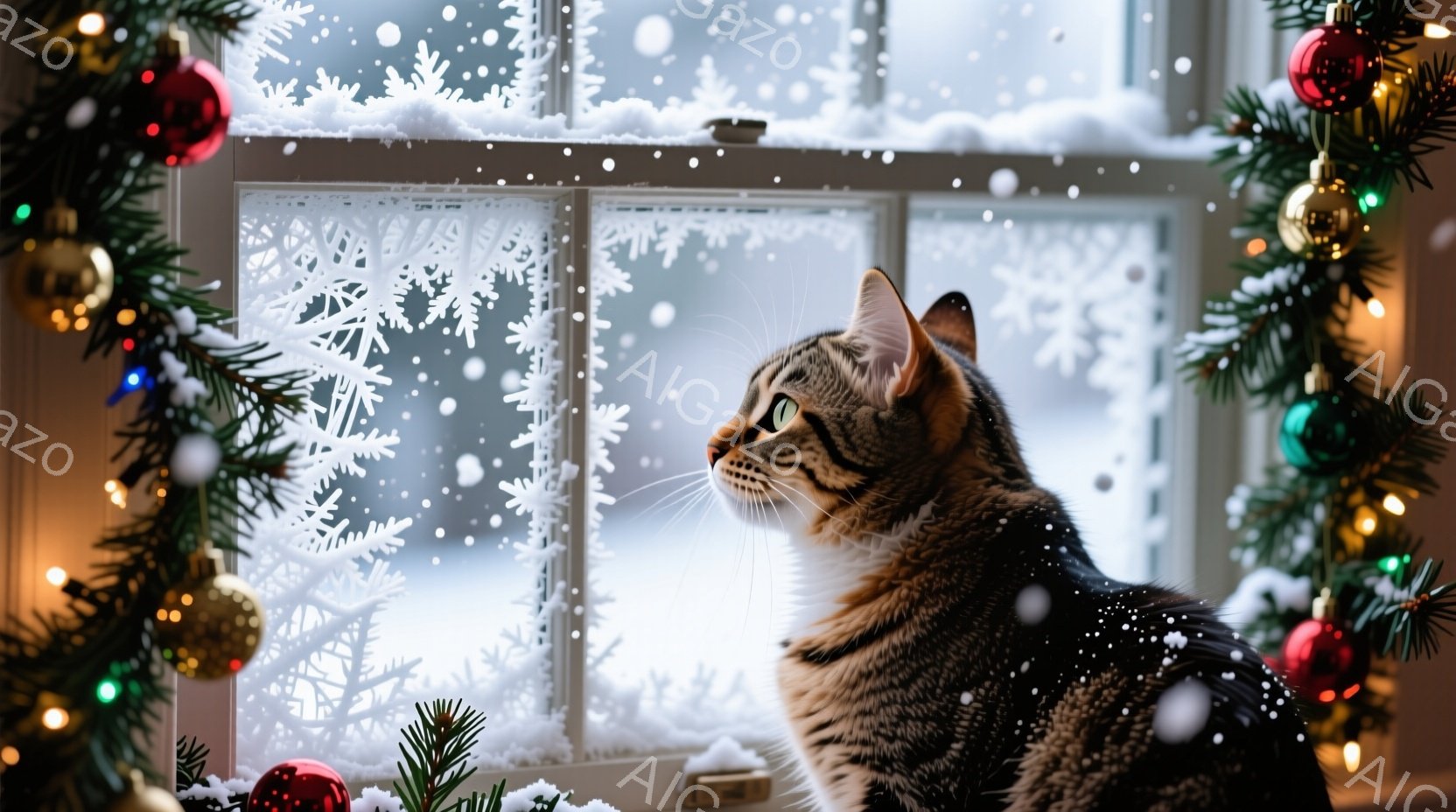 窓辺に佇む縞模様の猫が、雪景色を眺めている。窓には雪の結晶の模様が描かれ、周りにはクリスマスツリーの飾り付けが施されている。暖かく、穏やかで、冬のホリデーシーズンを象徴する雰囲気である。 - AI生成フリー素材