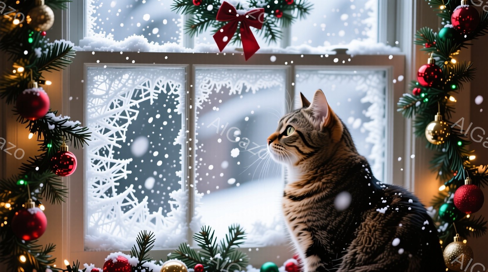 縞模様の猫が窓の外の雪景色を眺めています。窓辺にはクリスマスツリーの飾り付けが施され、赤いオーナメントや光る電飾が暖かな雰囲気を醸し出しています。外は雪が降り積もり、窓には美しい雪の結晶が描かれており、静かで穏やかな冬の情景が広がっています。