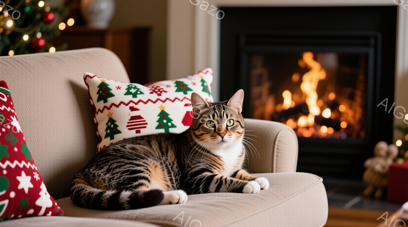 ソファの上で、白と茶色の縞模様の猫がリラックスして横たわっています。猫は正面を向き、少し眠たげな表情をしています。背景には暖炉の炎と、クリスマスツリーのぼんやりとした光が見え、温かく居心地の良い雰囲気 - AI生成フリー素材
