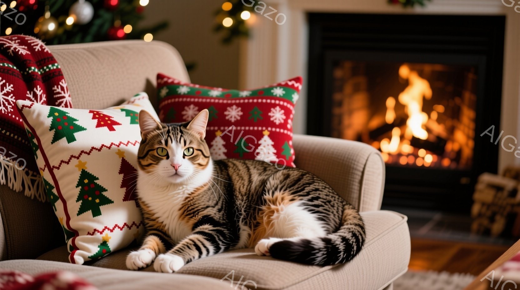 白と茶色の縞模様の猫がベージュ色のソファーに横たわっており、リラックスした表情でカメラを見つめています。背景にはクリスマス柄のクッションが並び、暖炉の炎が暖かく照らしています。全体的に、冬の温かく心地よい雰囲気が漂う、家庭的な光景です。