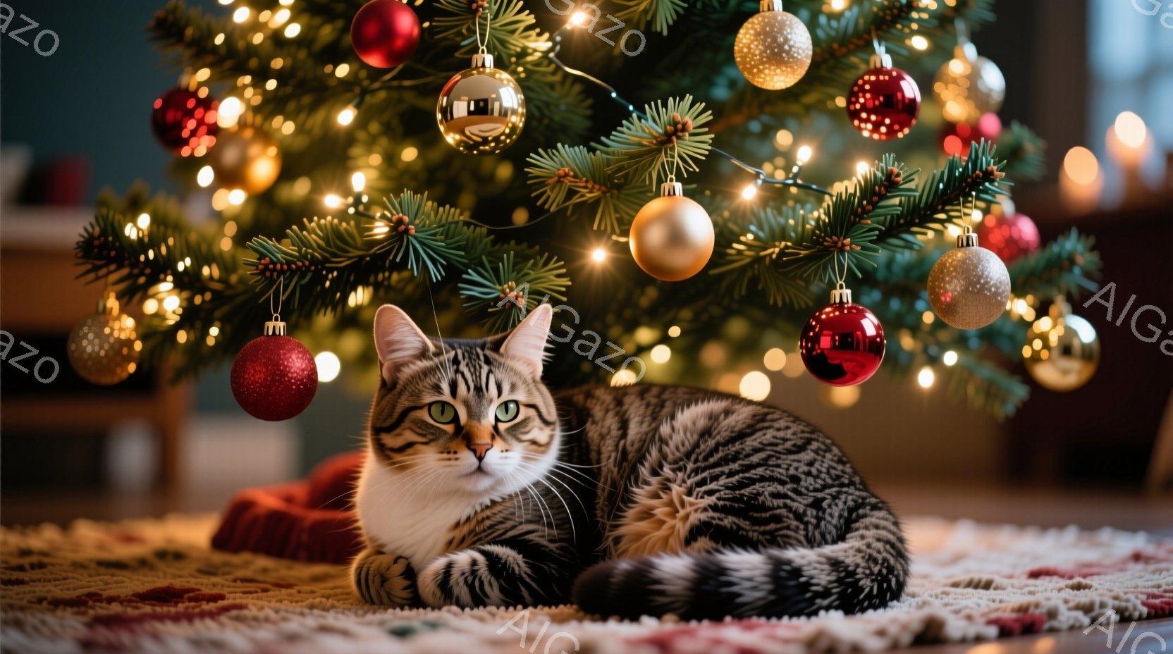白と茶色の縞模様の猫が、クリスマスツリーの前に横たわっています。猫は正面を見据え、穏やかな表情でリラックスした様子です。背景には、赤や金のオーナメントで飾られた緑色のクリスマスツリーがぼんやりと見え、 - AI生成フリー素材