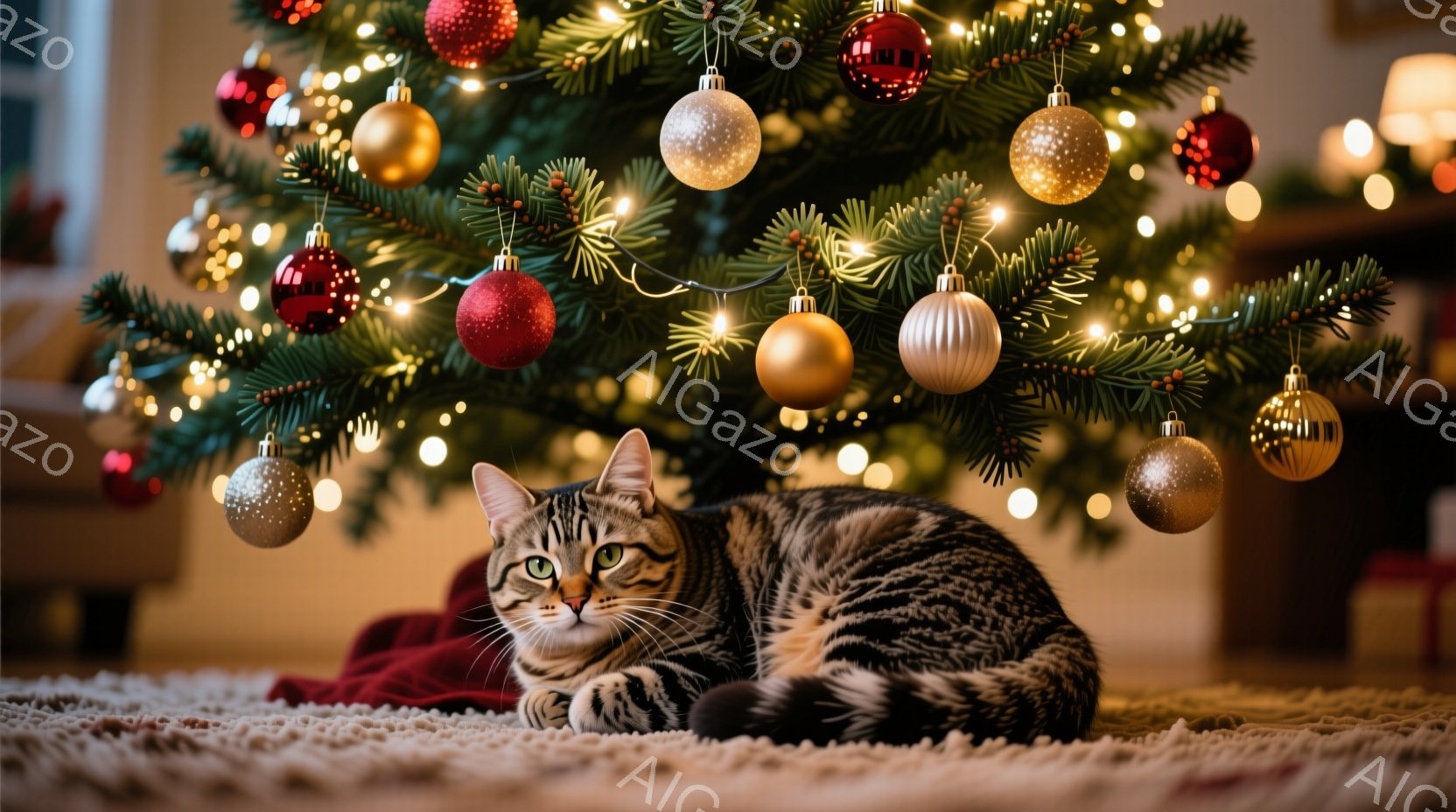 縞模様の猫が赤い布の上に丸まって横たわっており、クリスマスツリーの下でリラックスした様子を見せています。ツリーはカラフルなオーナメントと明るいライトで飾られ、暖かく穏やかな雰囲気を醸し出しています。背景はぼやけており、居心地の良い室内空間が感じられます。