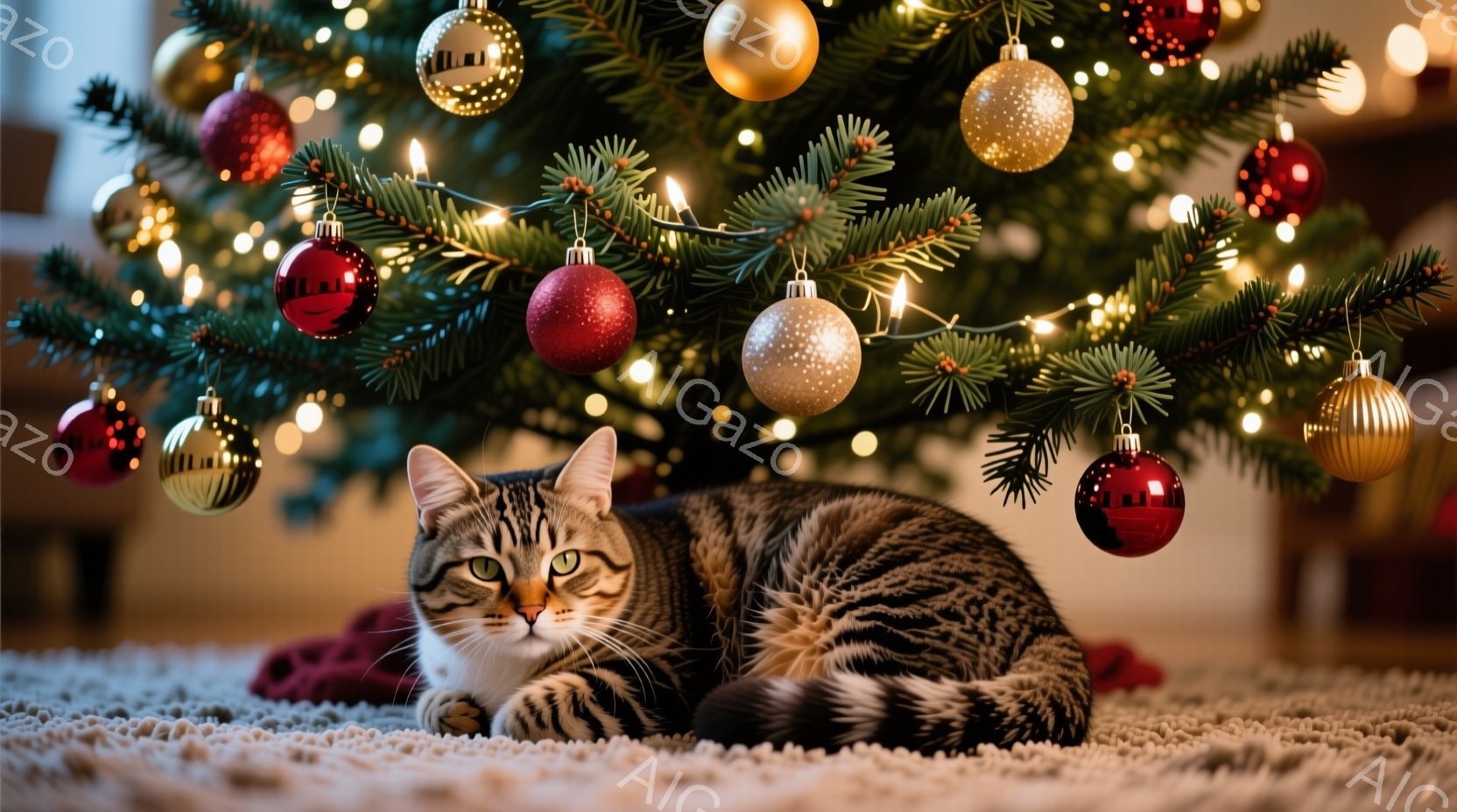 茶色の縞模様の猫が、クリスマスツリーの下のカーペットの上に横たわっています。ツリーは明るい装飾と光で飾られ、猫の周りを暖かく照らしています。全体的に、リラックスした冬の雰囲気が漂う、心安らぐ光景です。 - AI生成フリー素材