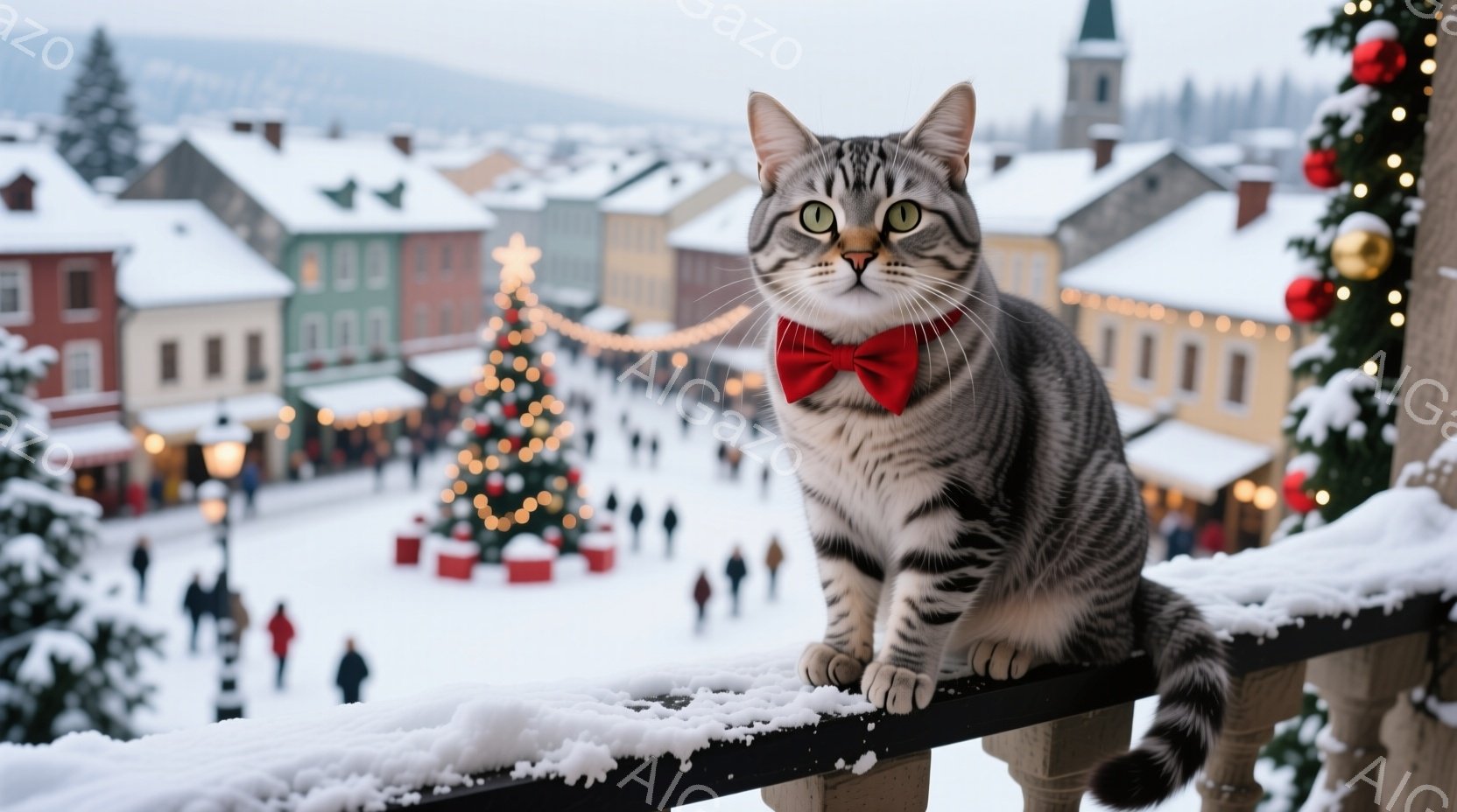 縞模様の猫が雪に覆われた柵の上に座り、赤い蝶ネクタイをつけてカメラを見つめている。背景には、クリスマスツリーや人々で賑わう雪景色が広がり、遠くには建物が見える。全体的に暖かく、お祝いムードに包まれた、 - AI生成フリー素材