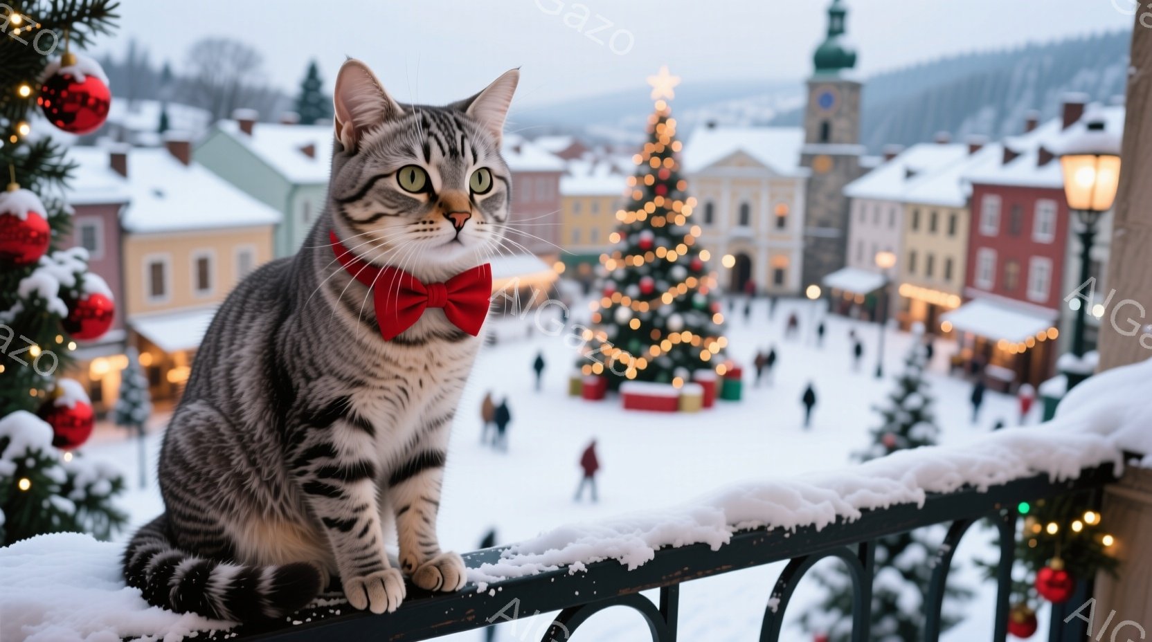 縞模様の猫が、赤い蝶ネクタイをつけ、雪で覆われた手すりに座ってこちらを見ている。背景には、クリスマスツリーが輝き、氷上を滑る人々の姿が見える冬の街並みが広がり、穏やかで温かい雰囲気を醸し出している。雪が降り積もり、建物や木々が白く覆われ、冬の静寂と祝祭の雰囲気が漂う。