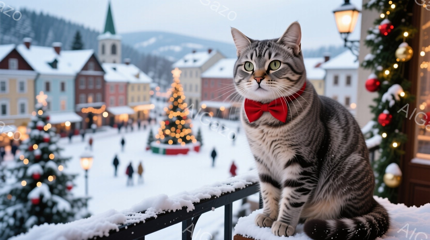 灰色の縞模様の猫が雪で覆われた手すりに座り、赤い蝶ネクタイをつけている。背景には、クリスマスツリーやライトで飾られた建物が並ぶ冬の街並みが広がり、雪が舞っている。全体的に温かく、お祭り気分を醸し出す、 - AI生成フリー素材