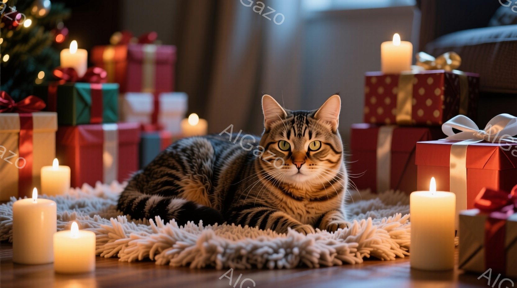 縞模様の猫が白いフワフワしたラグの上に横たわっており、落ち着いた表情でカメラを見つめています。背景には、様々な色の包装紙で飾られたプレゼントの山が積み重ねられ、温かい光を放つキャンドルが猫の周りを囲ん - AI生成フリー素材