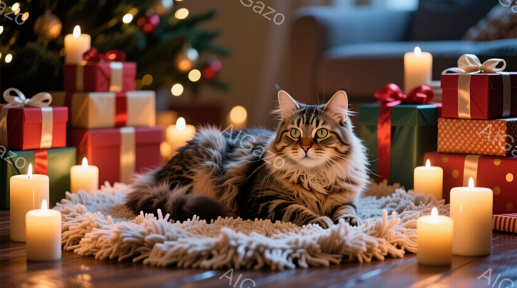 縞模様の猫がふわふわの白いラグの上に丸まって横たわっています。周囲には点灯した白いキャンドルが置かれ、その背景には色とりどりのクリスマスプレゼントが積み上げられています。暖かく穏やかな光が猫とプレゼン - AI生成フリー素材