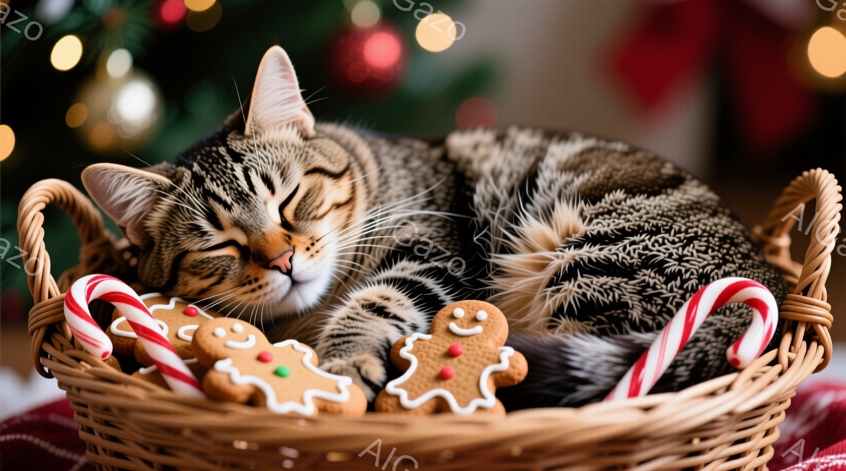 白と黒の縞模様の猫が、クリスマスの飾りが入ったバスケットの中で丸まって眠っています。周りにはペパーミントキャンディとジンジャーブレッドマンのクッキーが散りばめられており、暖かく可愛らしい雰囲気を醸し出しています。背景はぼやけていますが、クリスマスツリーの光がちらつく様子から、ホリデーシーズンであることがわかります。