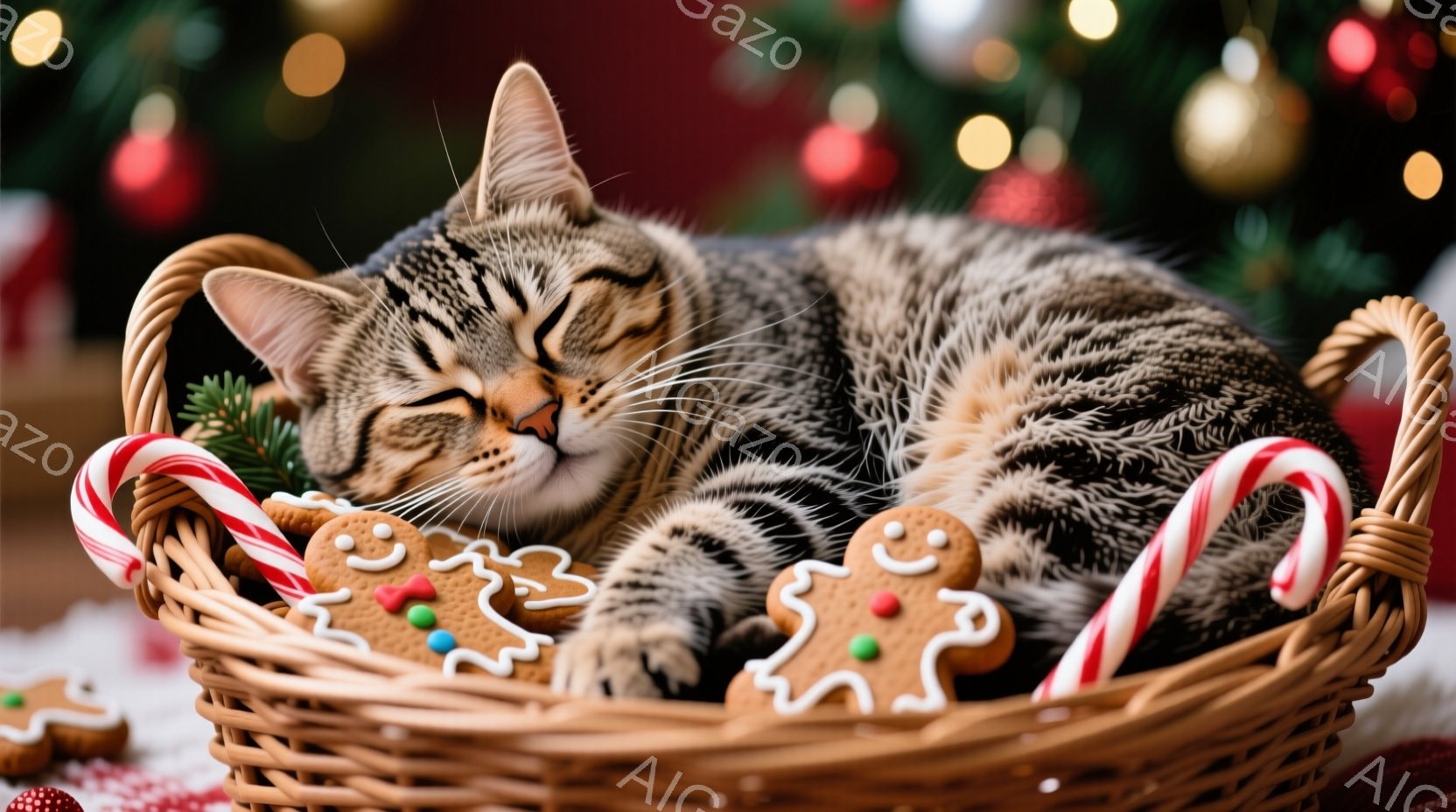 籠の中に縞模様の猫が丸まって眠っており、周囲にはジンジャーブレッドマンとペパーミントキャンディが置かれている。背景にはぼやけたクリスマスツリーの装飾が見え、全体的に温かく、お祝いの雰囲気が漂っている。猫はリラックスした表情で、冬の休日の穏やかなひとコマを捉えている。