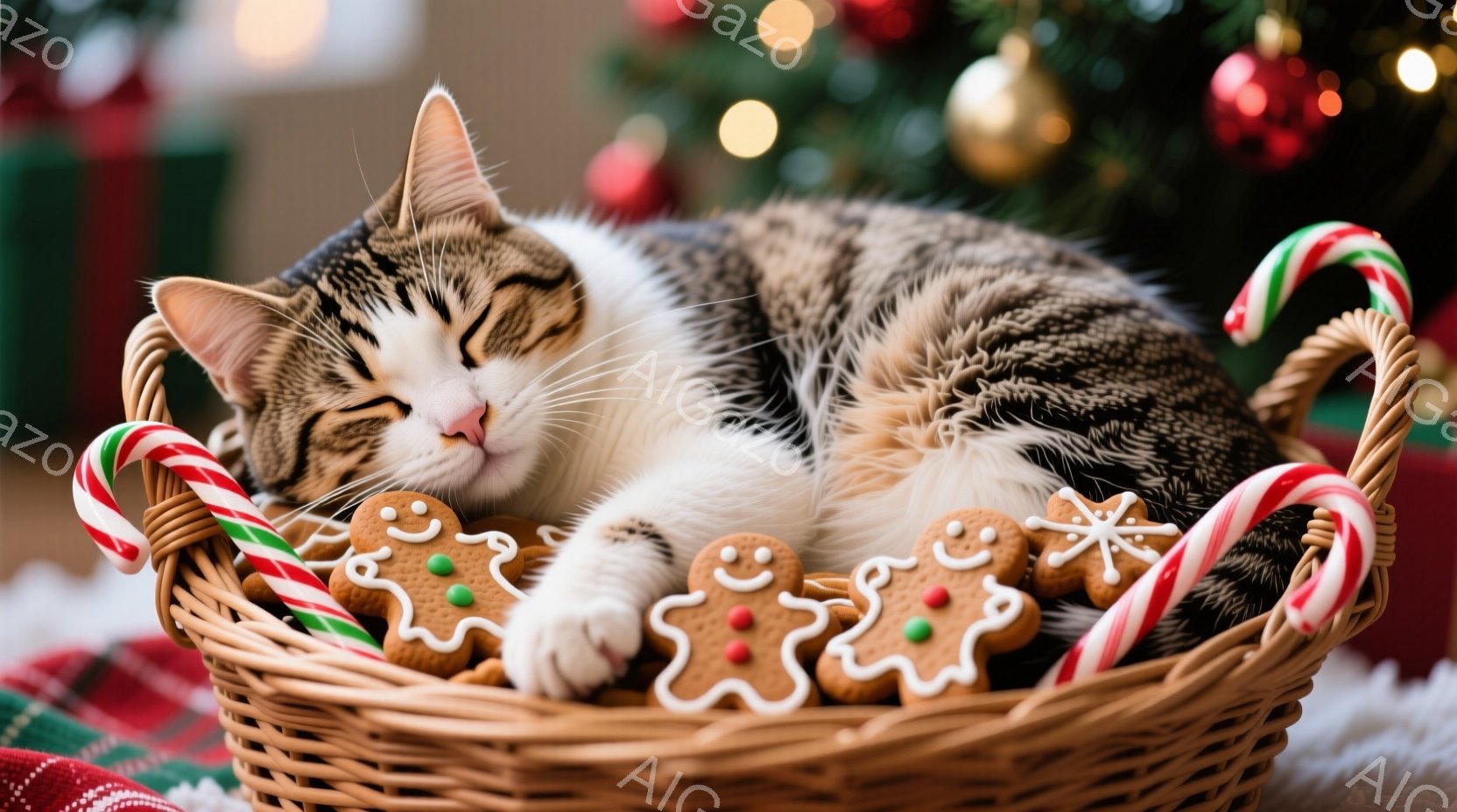 籠の中に縞模様の猫が丸まって眠っており、その周りにはジンジャーブレッドマンとペパーミントキャンディが並んでいる。背景にはぼやけたクリスマスツリーの飾りと、暖かみのある光が差し込み、穏やかで居心地の良い雰囲気を醸し出している。猫はリラックスした様子で、まるでクリスマスの幸せに包まれているかのようだ。