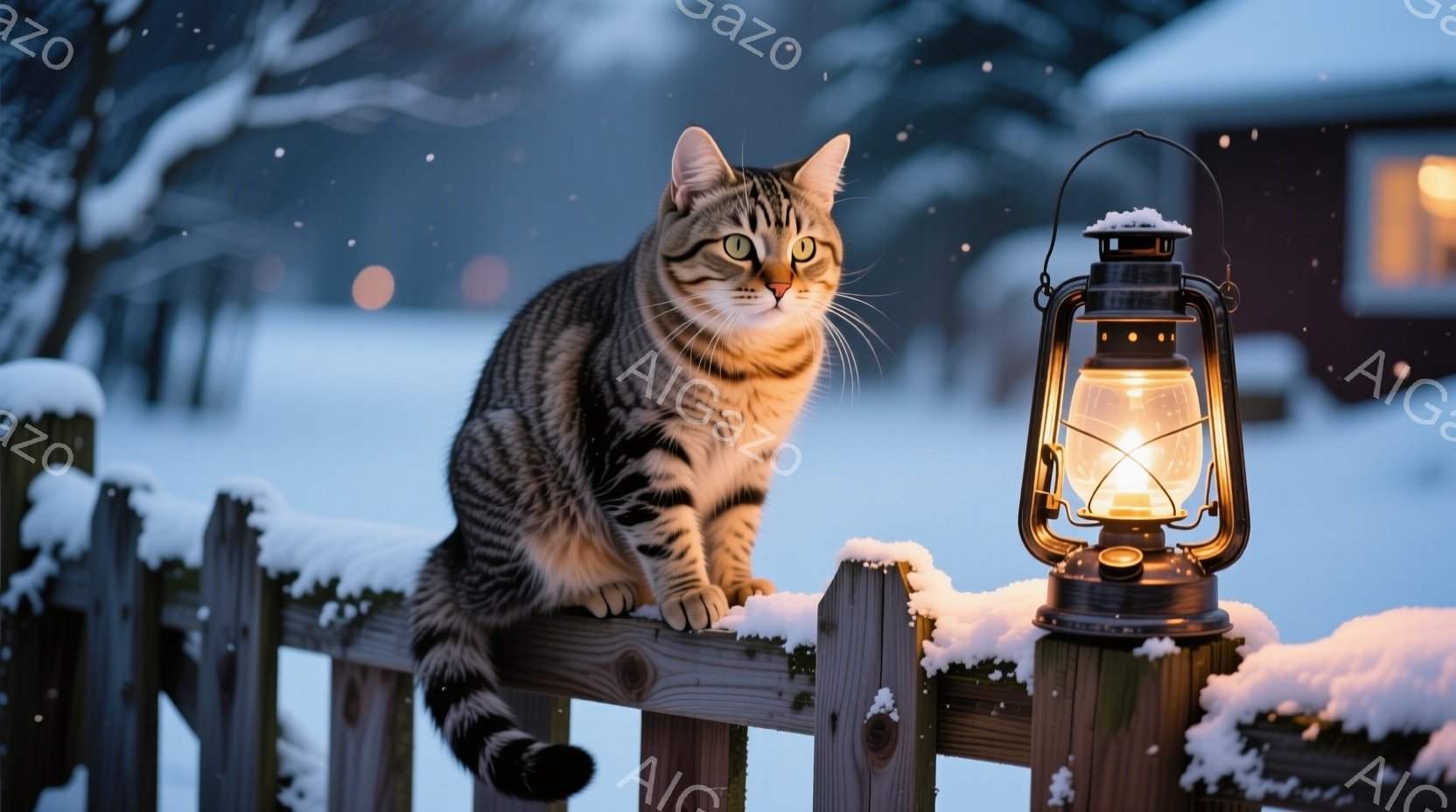 雪が降る夜、柵の上に座っている縞模様の猫が写っています。猫は鋭い眼差しで何かを見つめており、その姿勢は警戒心と好奇心を同時に表しています。背景にはぼんやりと家が見え、暖かく光るランタンが雪景色に温かみ - AI生成フリー素材