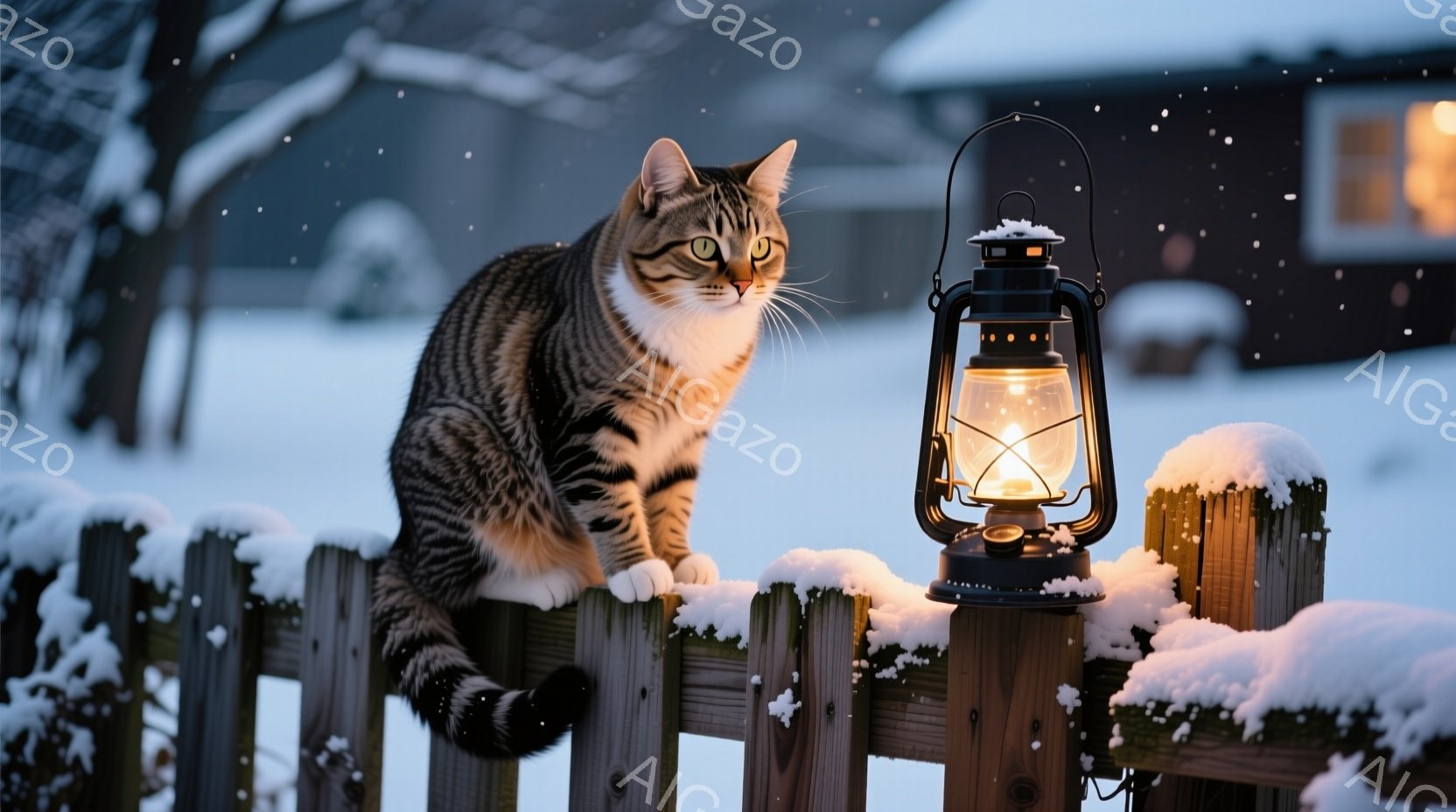 白い胸元と縞模様が特徴的な猫が、雪に覆われた木の柵の上に座っています。背後の暗い背景には、ぼんやりと家が見え、雪が舞い散る冬の夜の静けさを感じさせます。柵の上にはオイルランプが置かれ、温かい光が暗闇を照らし、猫と雪景色を照らしています。