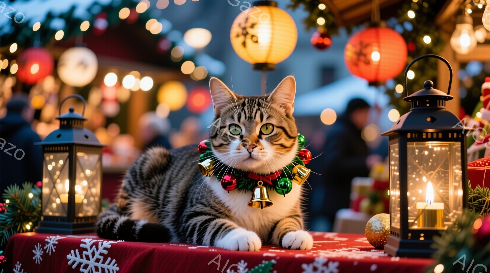 縞模様の猫が赤いテーブルクロスの上に堂々と横たわっており、首にはベルと装飾が施されたクリスマスカラーの首輪が巻かれています。背景には、ぼやけたクリスマスマーケットの光景が広がり、装飾されたランタンやイルミネーションが温かい雰囲気を醸し出しています。猫の表情は穏やかで、クリスマスシーズンの祝祭的な雰囲気に浸っているように見えます。