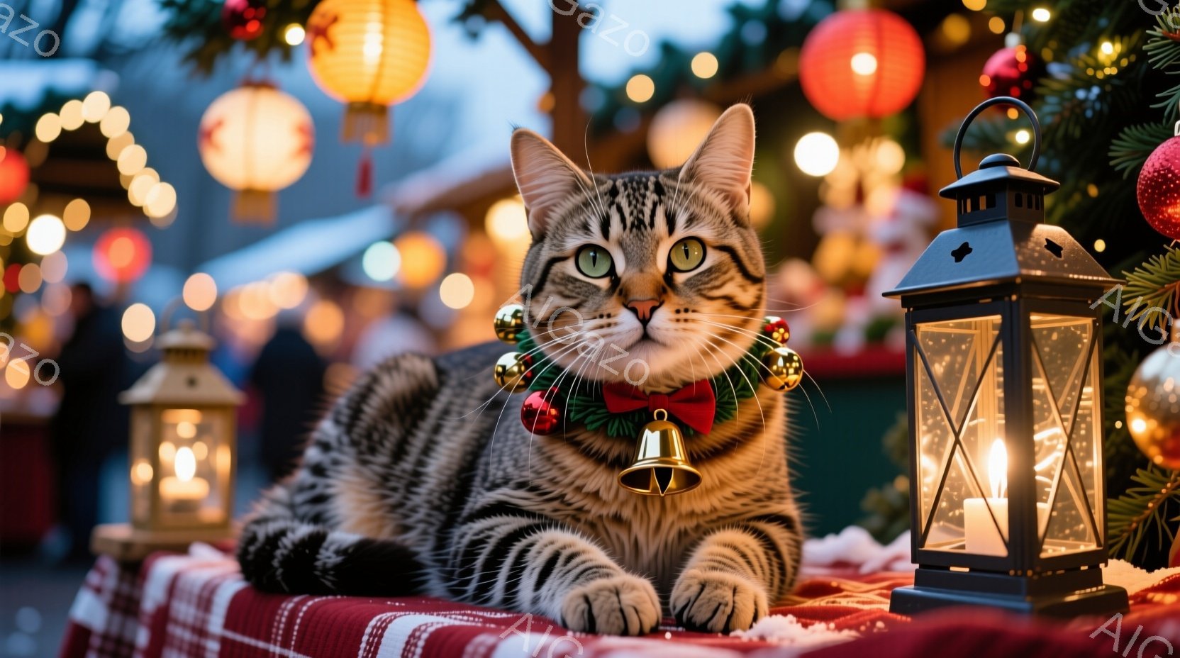 縞模様の猫が、赤いチェックの敷物の上でゆったりと横たわっています。首にはクリスマスらしい飾り付けの首輪がついており、穏やかで少し眠たげな表情をしています。背景には、ぼんやりとクリスマスマーケットの賑わいと、温かい光に照らされた装飾が写っており、冬の暖かい雰囲気を醸し出しています。