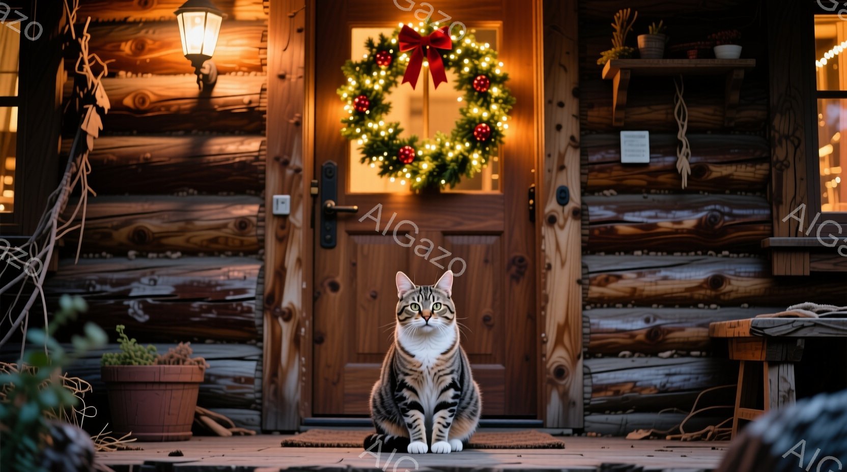 白と黒の縞模様の猫が、クリスマスのサンタの帽子と赤いケープを身に着けて屋根の上に座っています。背景には雪が積もった家々や、カラフルなイルミネーションが輝き、雪が舞う冬の夜の様子が描かれています。猫はリ - AI生成フリー素材