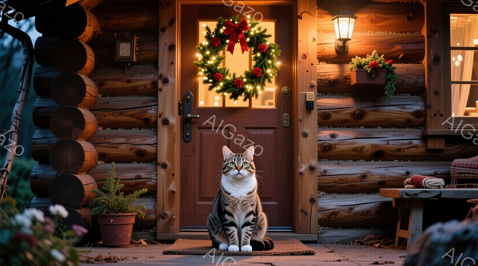 ログハウスの玄関先に、縞模様の猫が正面を向いて座っている。背景にはクリスマスらしい飾り付けが施された玄関ドアや、植物が置かれた小さなテーブルが見え、暖かく穏やかな雰囲気が漂う。暖色の照明が猫と玄関を照 - AI生成フリー素材