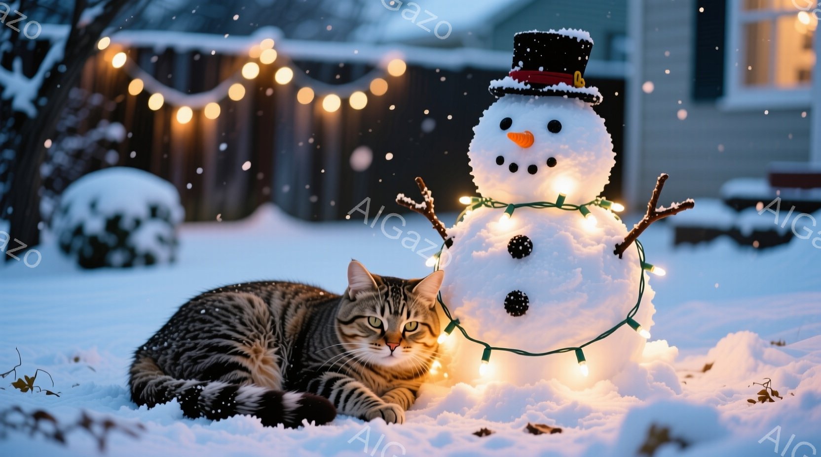 雪景色の中で、縞模様の猫が雪だるまと一緒に横たわっています。雪だるまは、帽子をかぶり、オレンジ色の鼻と石ころのような目で飾られ、カラフルな電飾で囲まれています。背景には、雪に覆われた木々や建物が見え、 - AI生成フリー素材