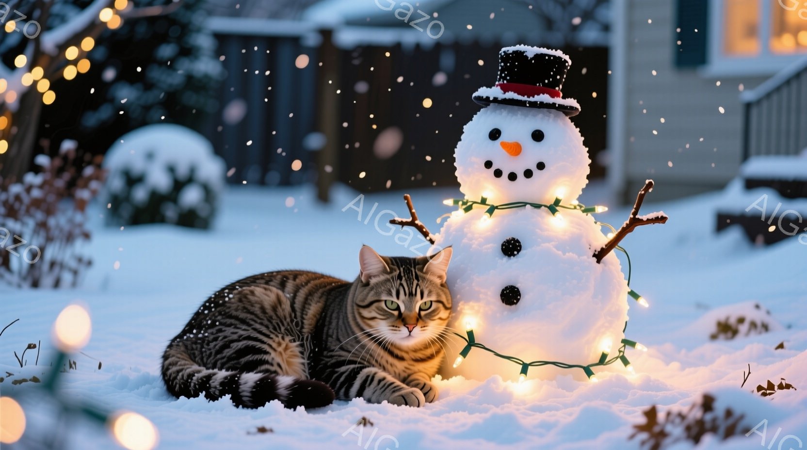 雪景色の中に、縞模様の猫が雪だるまと一緒に横たわっています。雪だるまは、黒い目と鼻、そして赤い口を持っており、頭にはシルクハットをかぶっています。背景には住宅や木々が見え、きらめくイルミネーションが冬の雰囲気を盛り上げています。